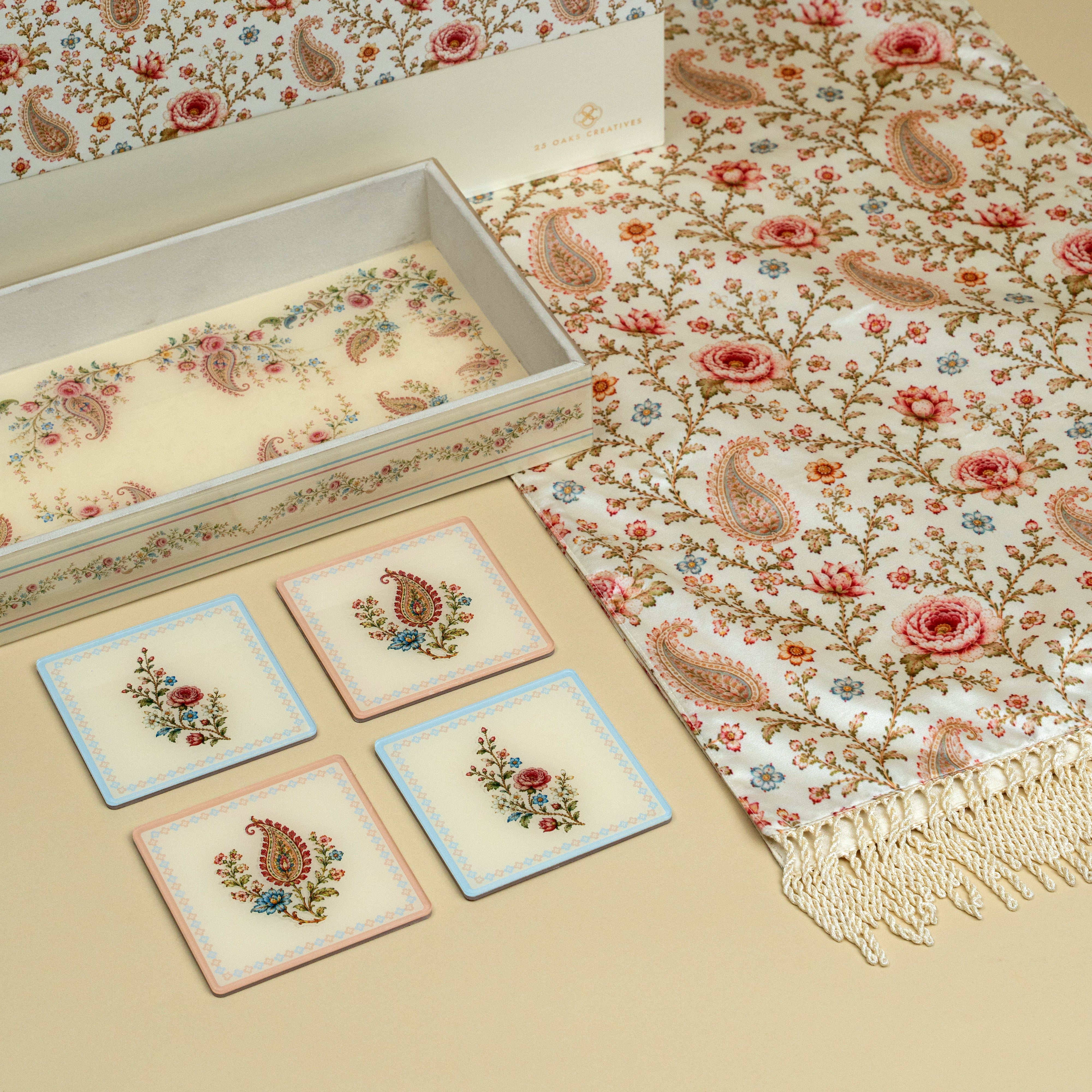 16x72 inch printed table runner with matching serving tray and set of 4 coasters