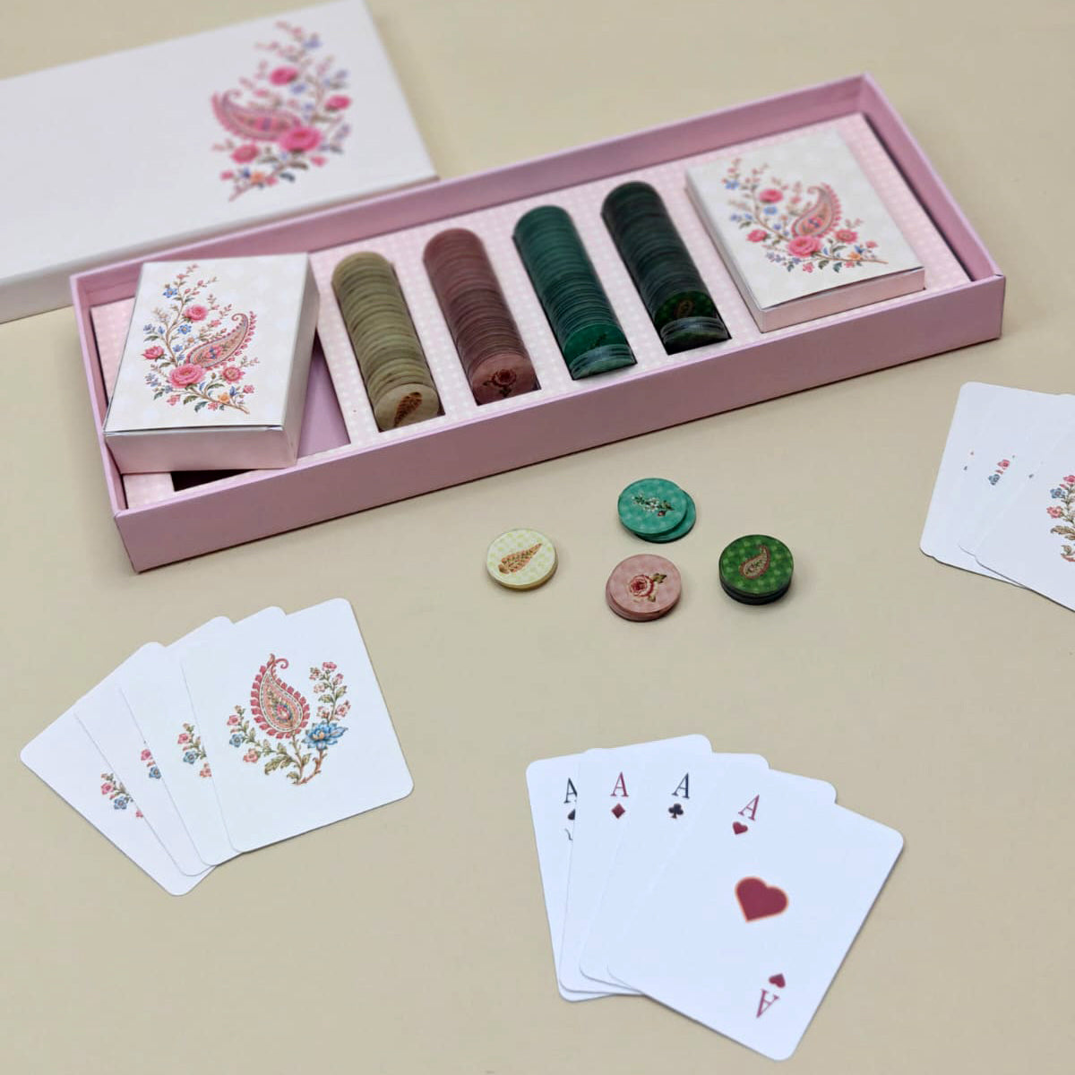 Luxury game night gift set with floral playing cards and poker chips