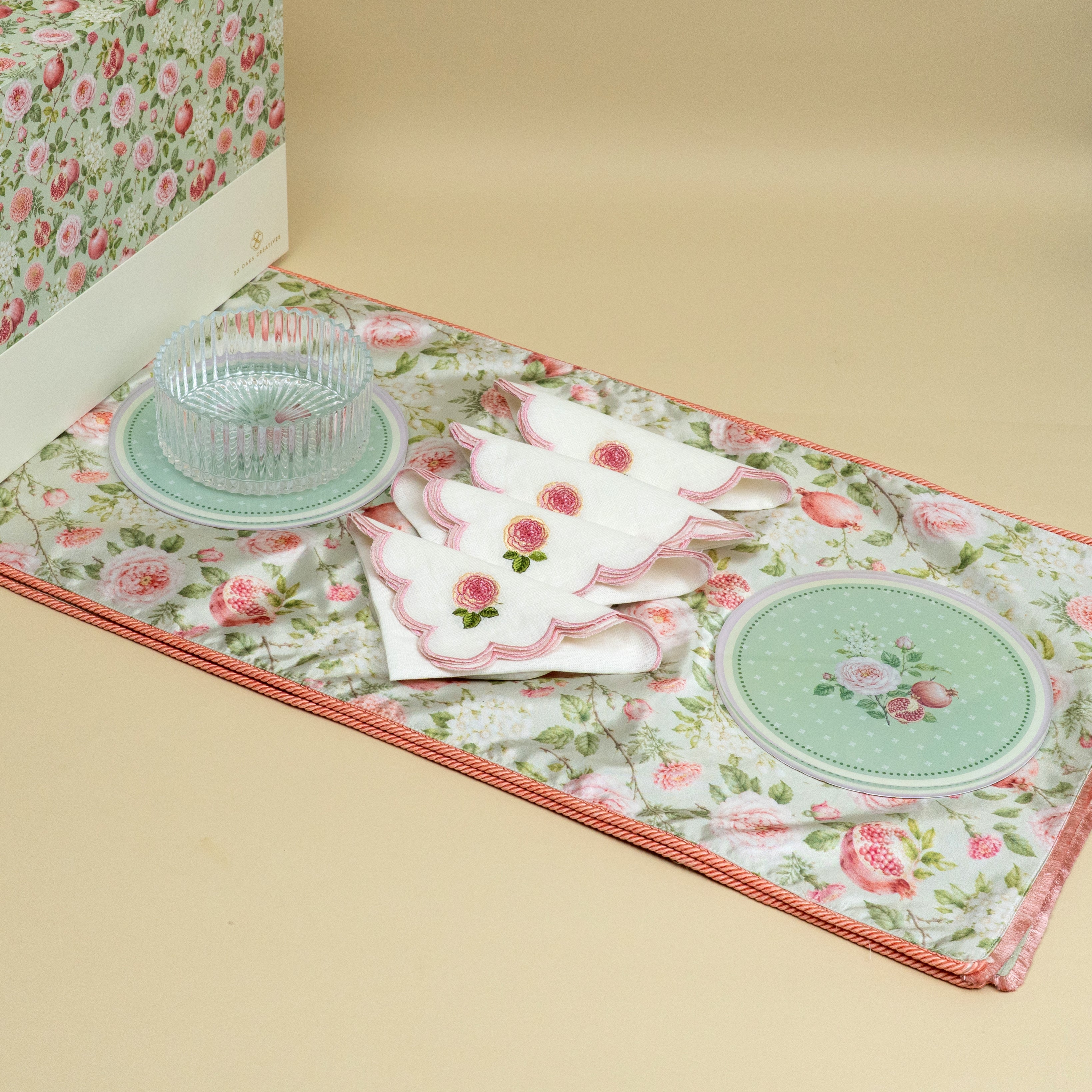 The Garden Table festive gift set with floral table runner, trivets and napkins