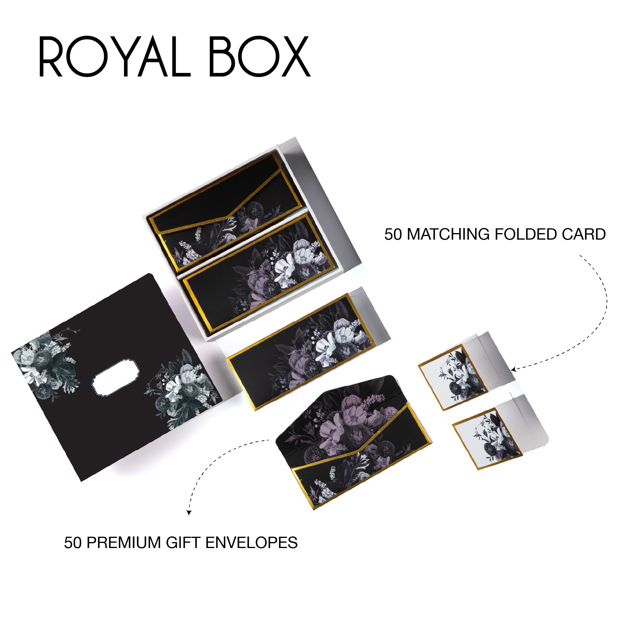Luxury black floral stationery set with envelopes, cards, and boxes featuring gold trim and elegant botanical designs.