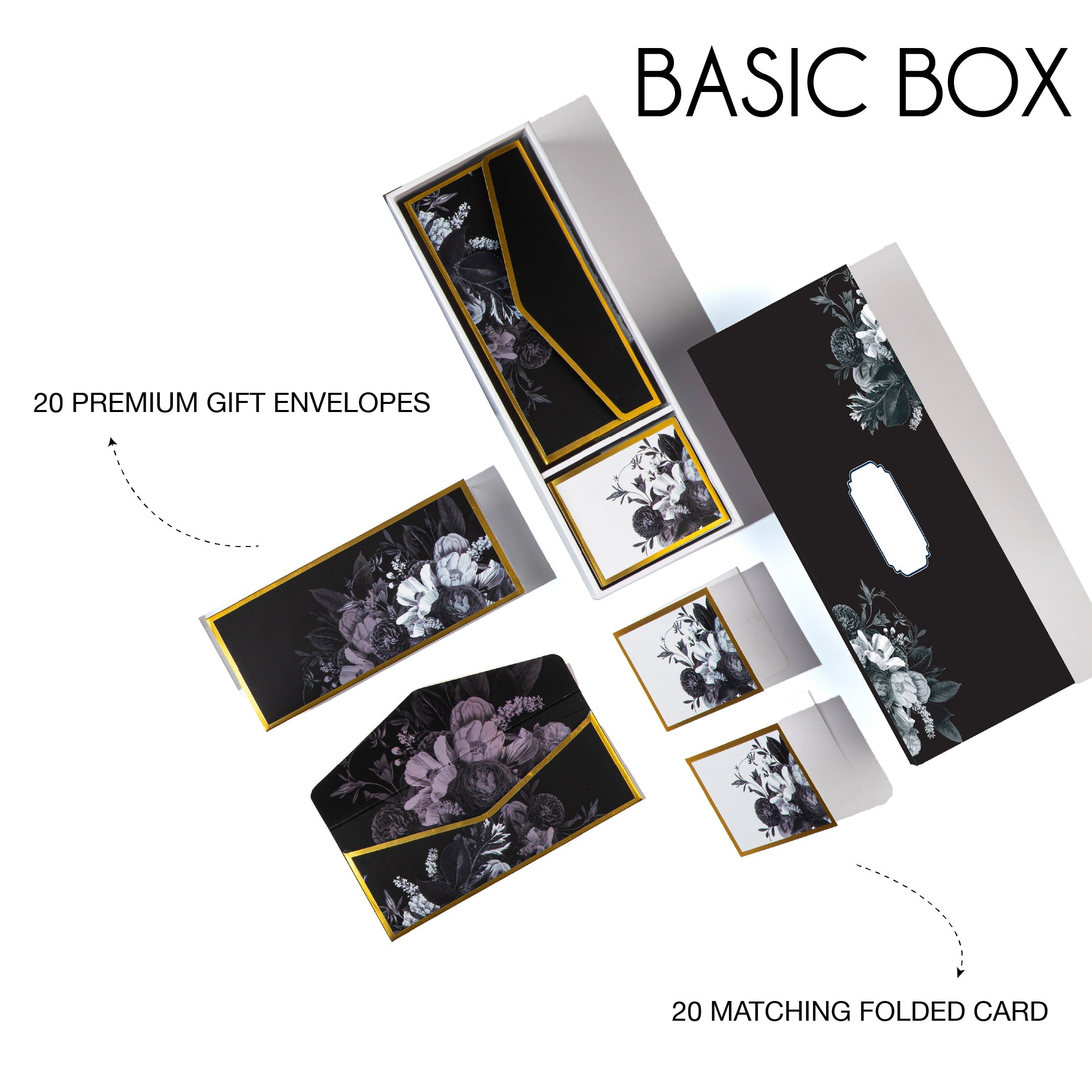 Luxury black floral stationery set with envelopes, cards, and boxes featuring gold trim and elegant botanical designs.