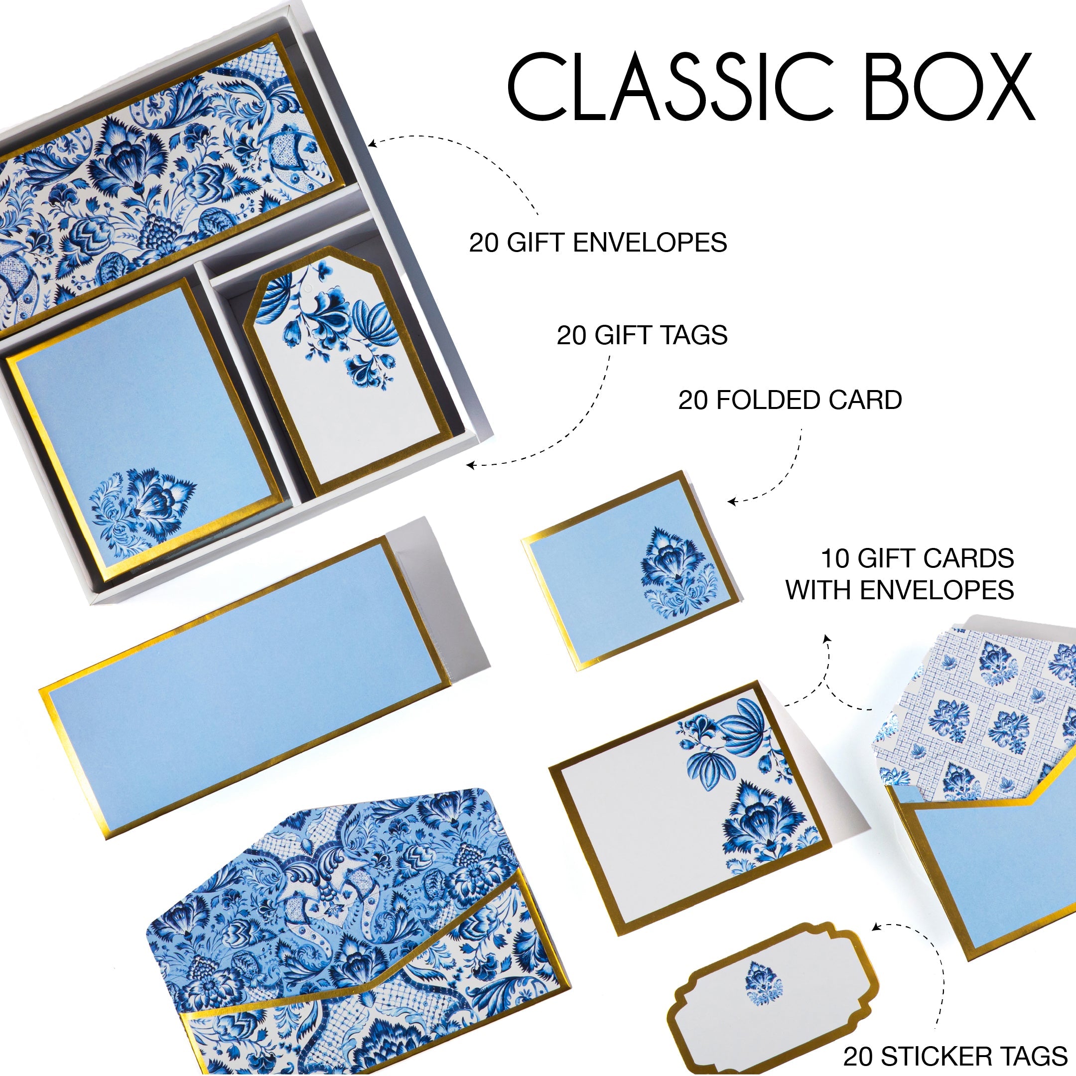 Blue and white Mughal floral stationery set with gold detailing, includes matching cards, tags, and envelopes.