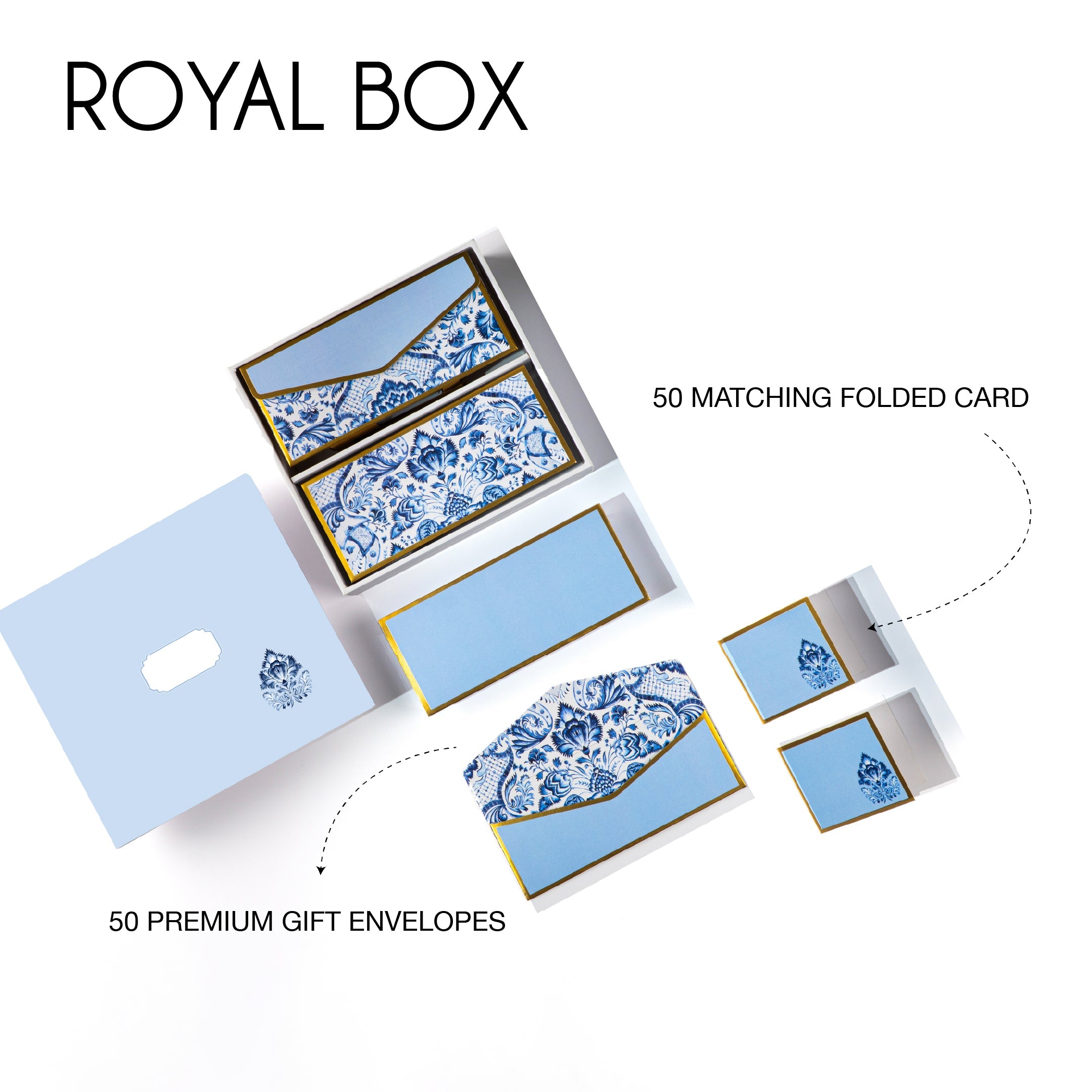 Blue and white Mughal floral stationery set with gold detailing, includes matching cards, tags, and envelopes.