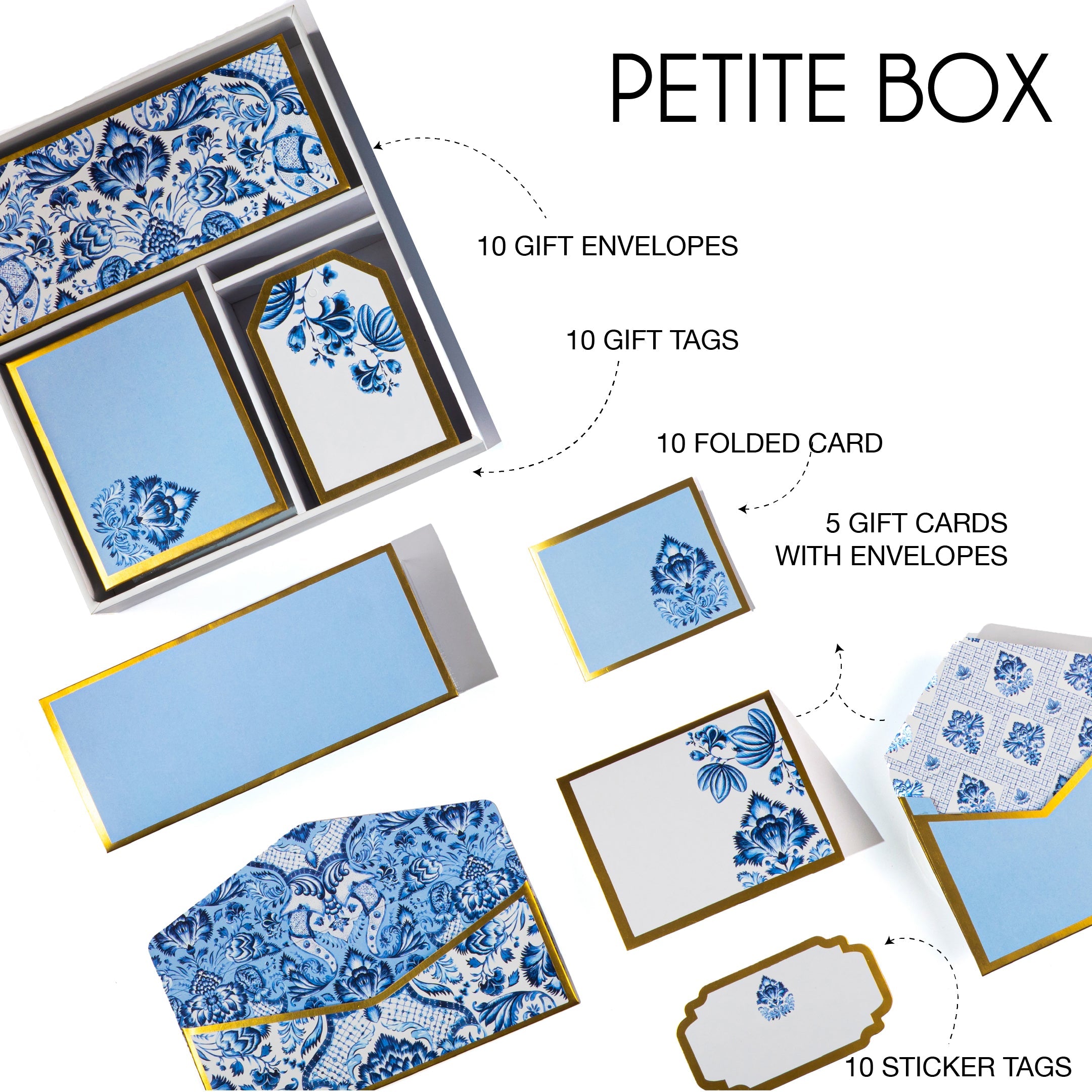 Blue and white Mughal floral stationery set with gold detailing, includes matching cards, tags, and envelopes.