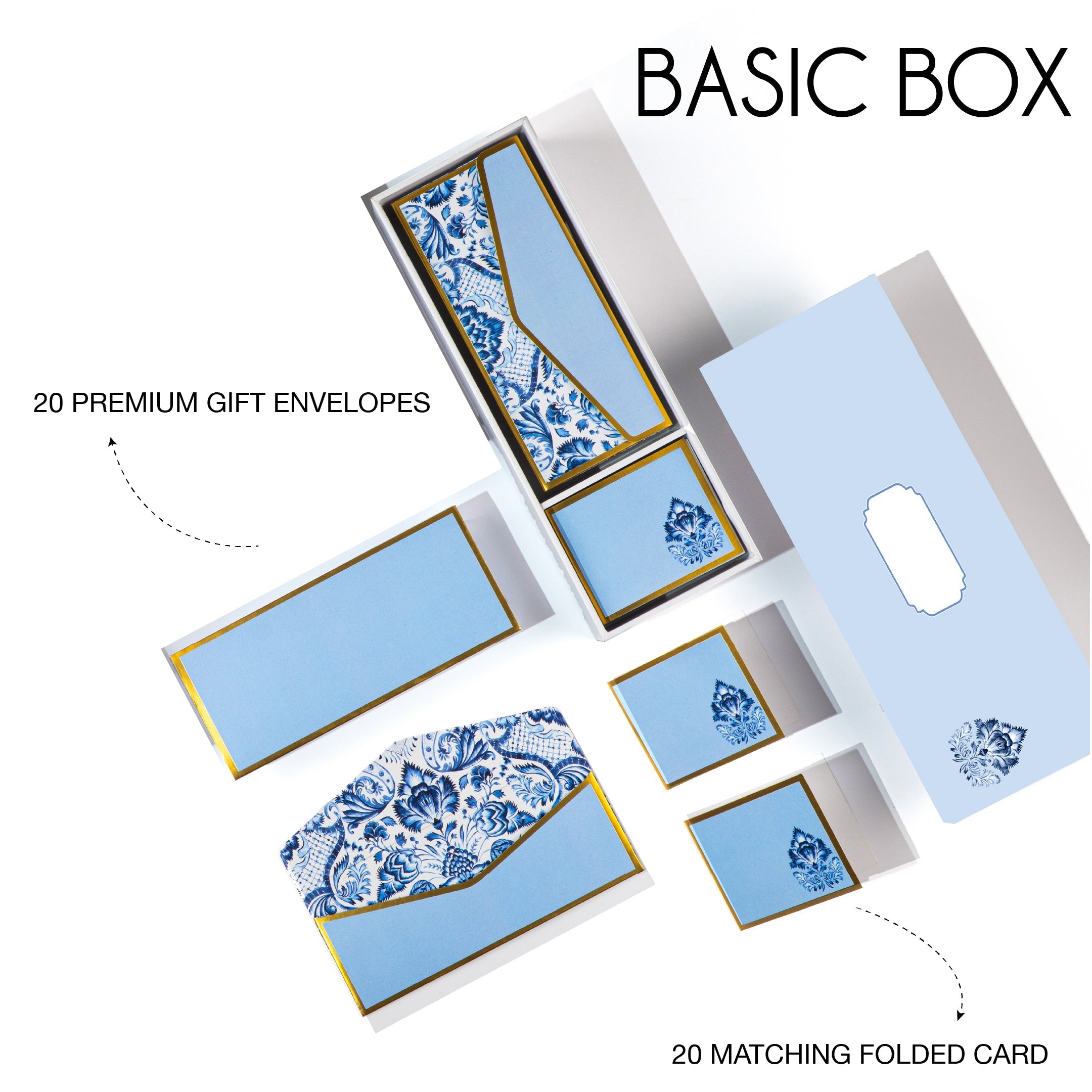 Blue and white Mughal floral stationery set with gold detailing, includes matching cards, tags, and envelopes.