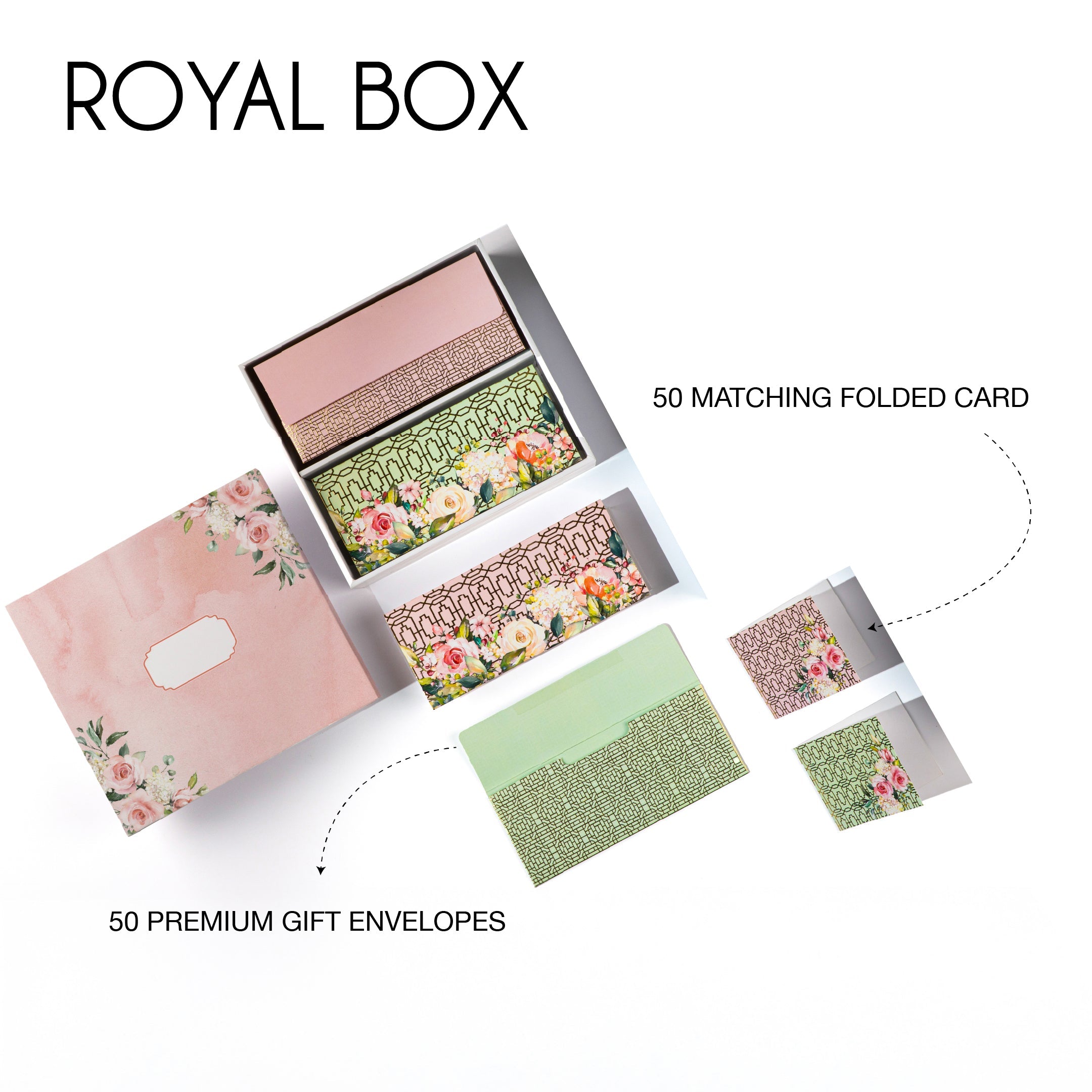 Pink floral stationery gift set with printed folded cards and envelopes.