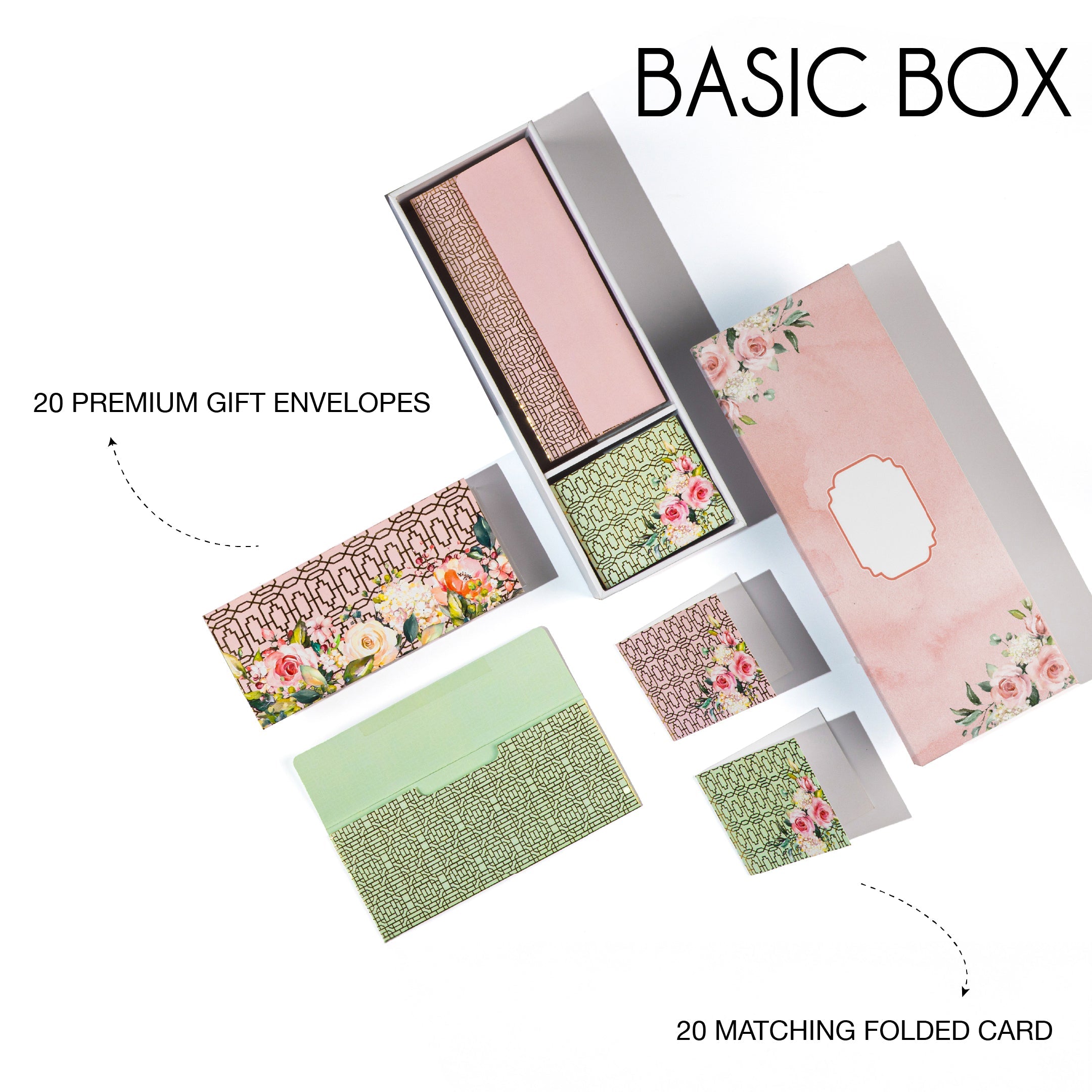 Pink floral stationery gift set with printed folded cards and envelopes.