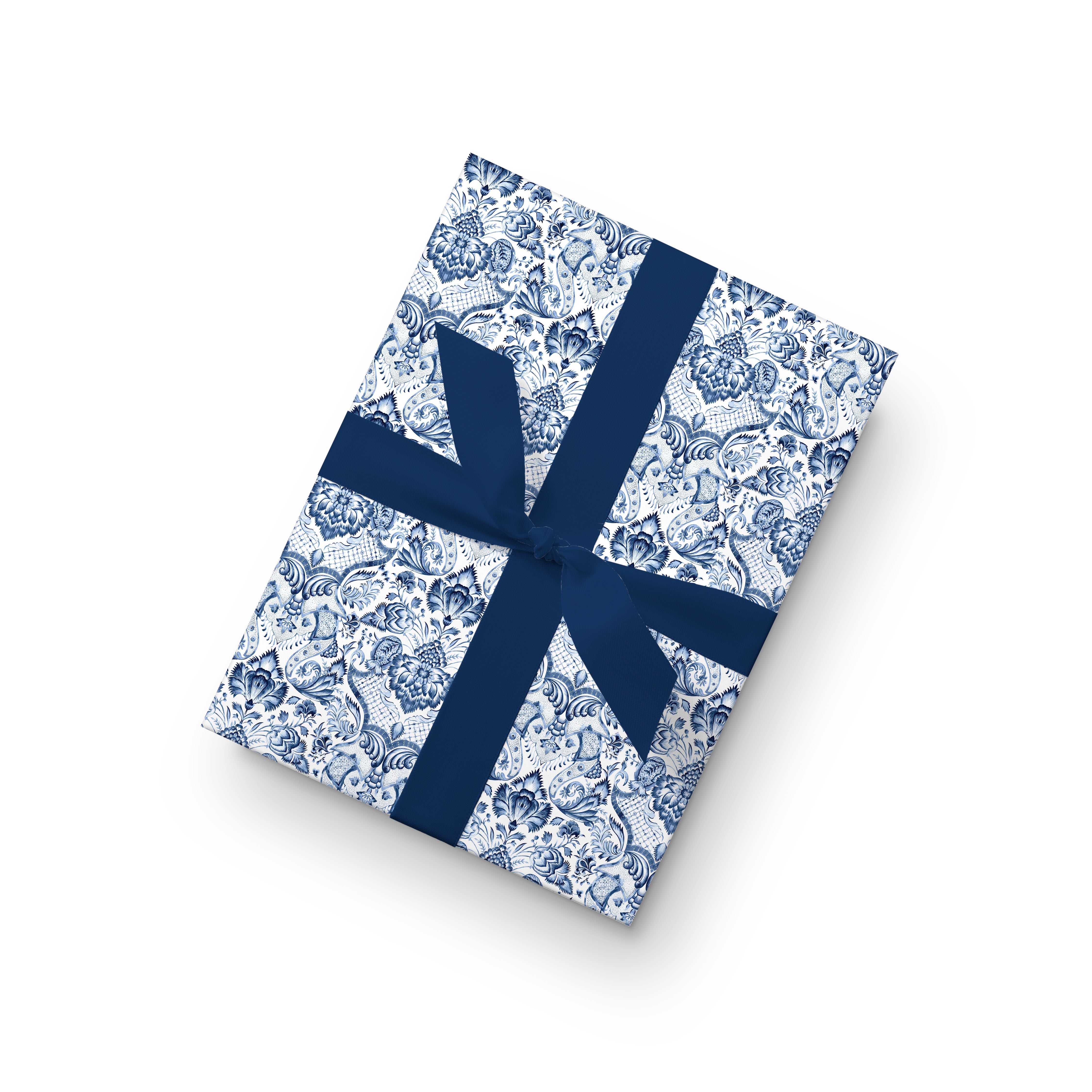 Blue and white floral wrapping paper with intricate batik paisley pattern, festive luxury gift wrap.”