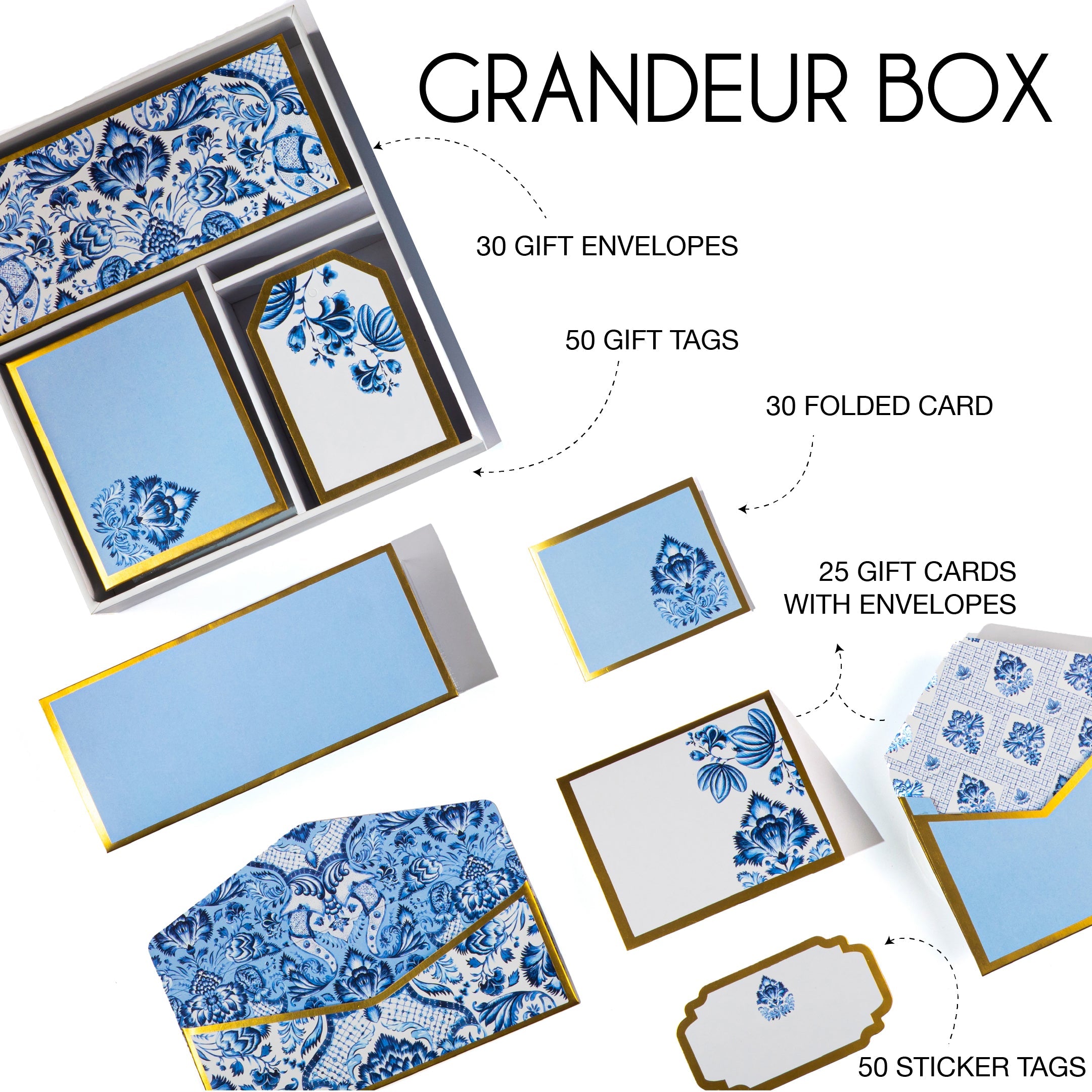 Blue and white Mughal floral stationery set with gold detailing, includes matching cards, tags, and envelopes.