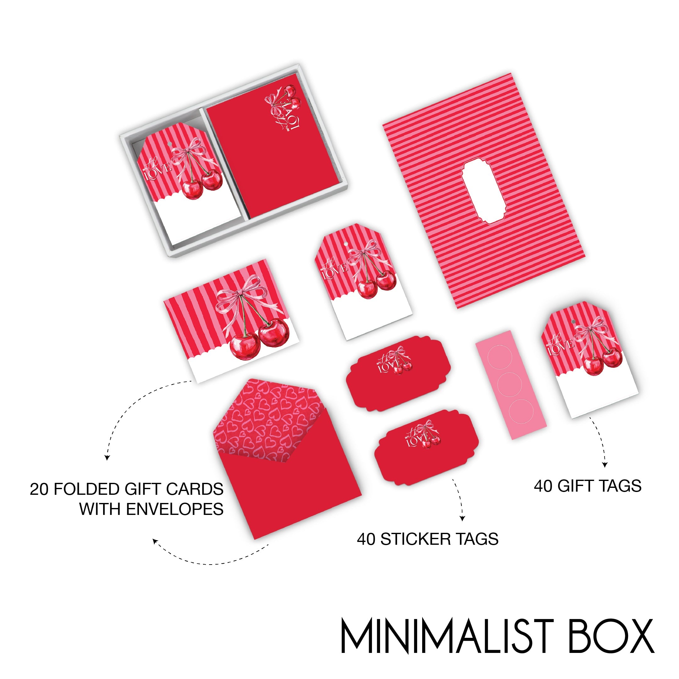Romantic cherry stationery gift set with red stripes, cards, tags, envelopes, perfect for Valentine's.