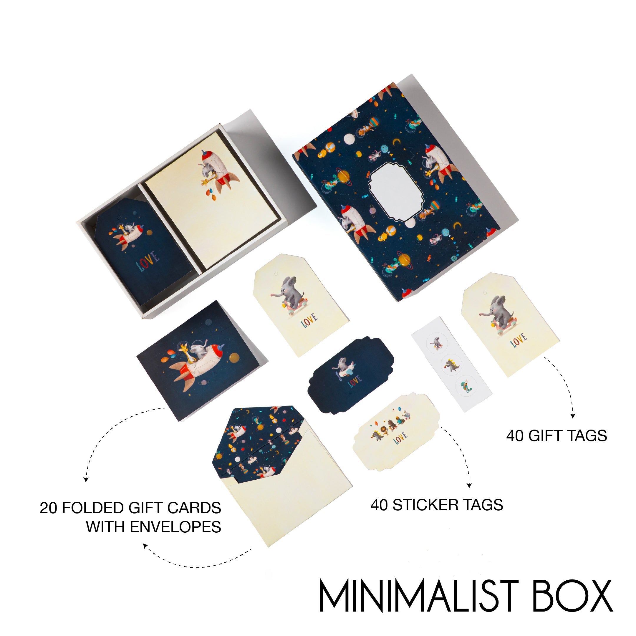 Cosmic Safari stationery set with safari animals in space-themed designs, envelopes, tags, notes & box