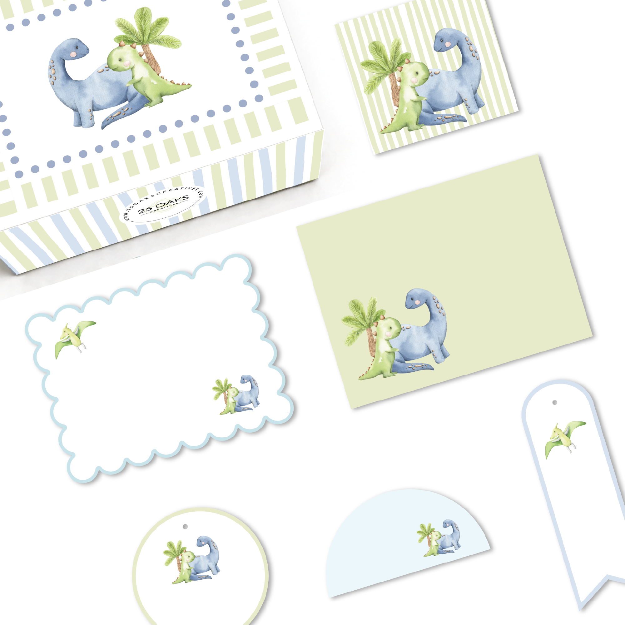 Pastel dinosaur stationery kit with folded cards gift tags stickers