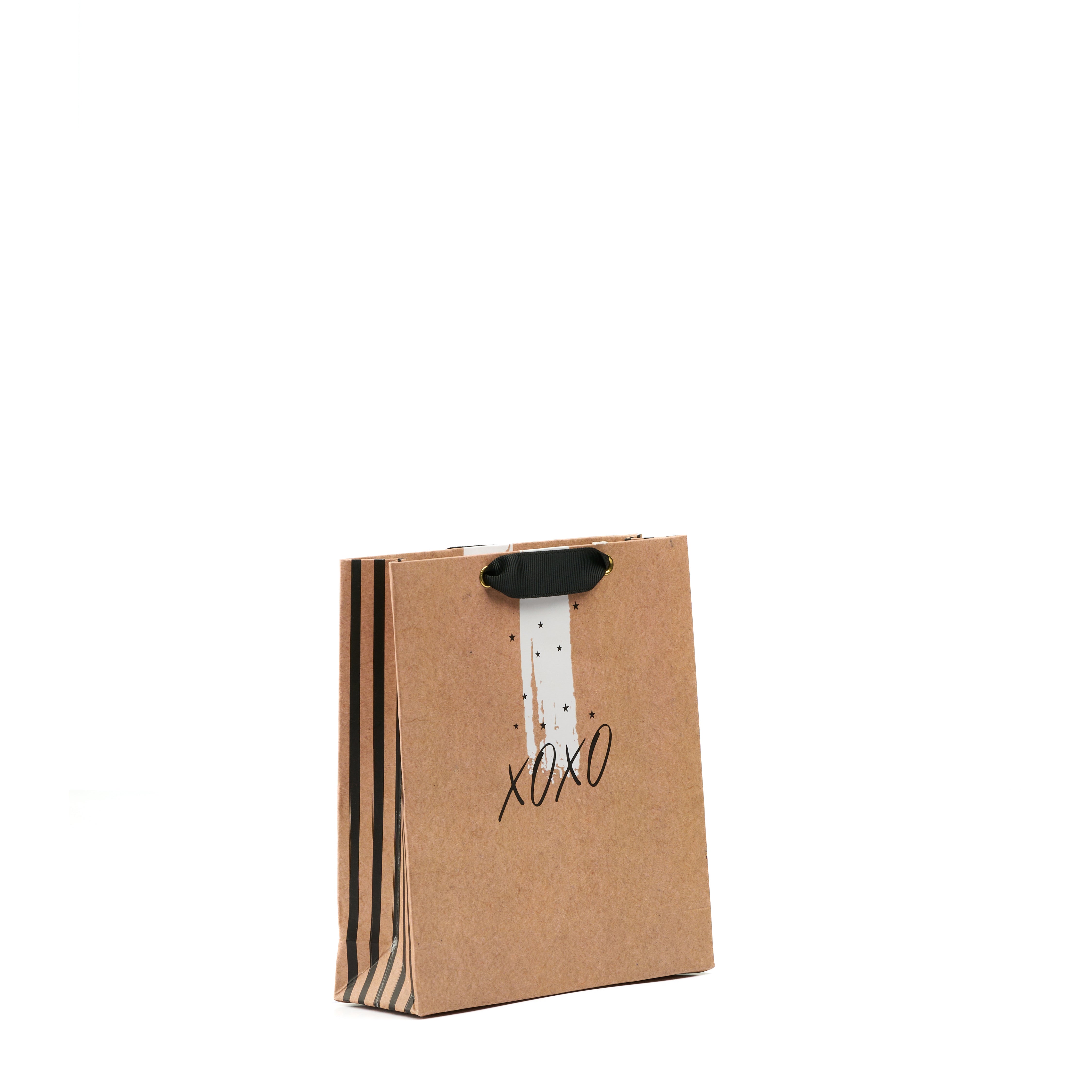 Compact kraft perfume gift bag with XOXO print, striped sides, and black ribbon handles.