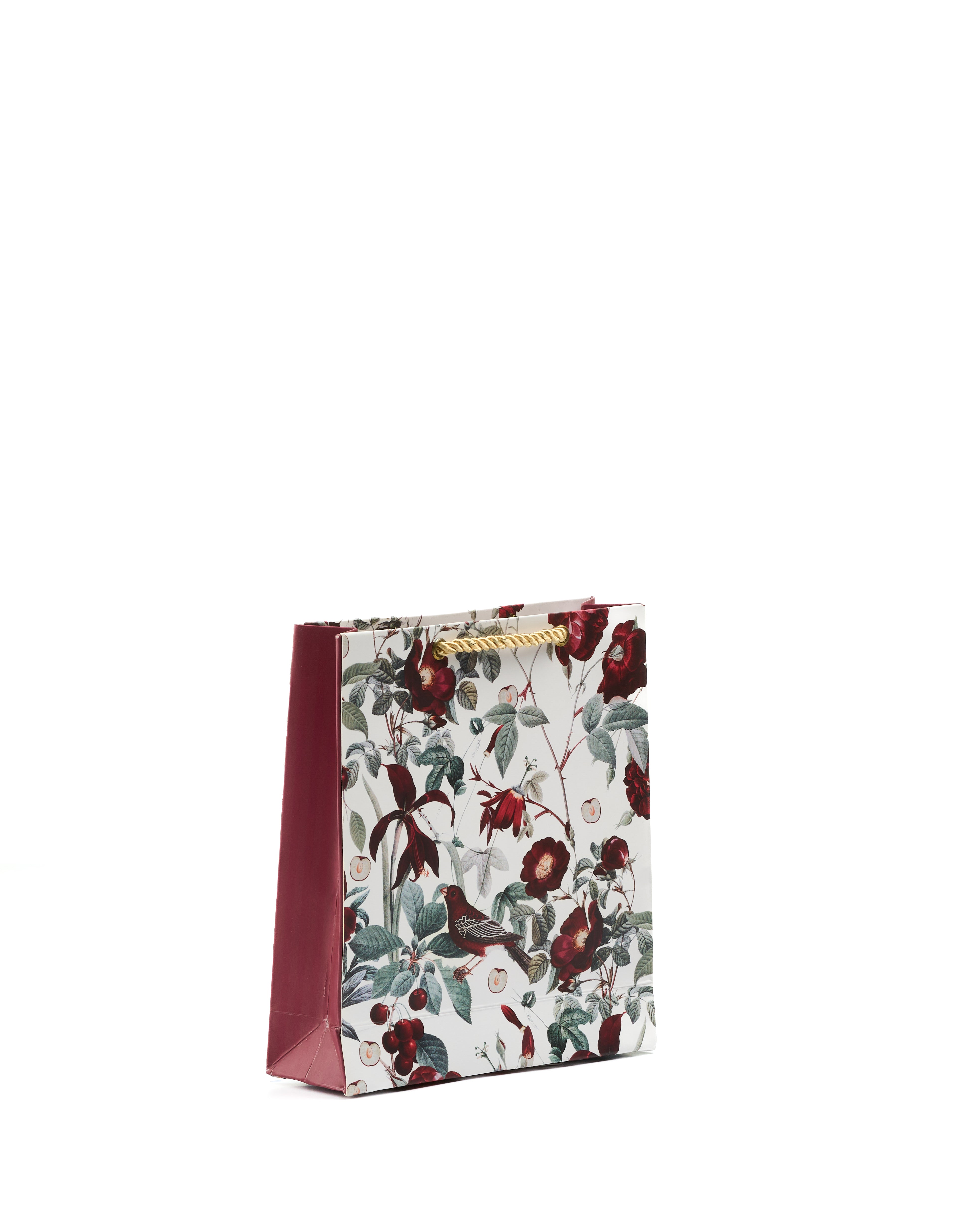 Compact floral printed gift bag featuring elegant botanical artwork and rope handles.