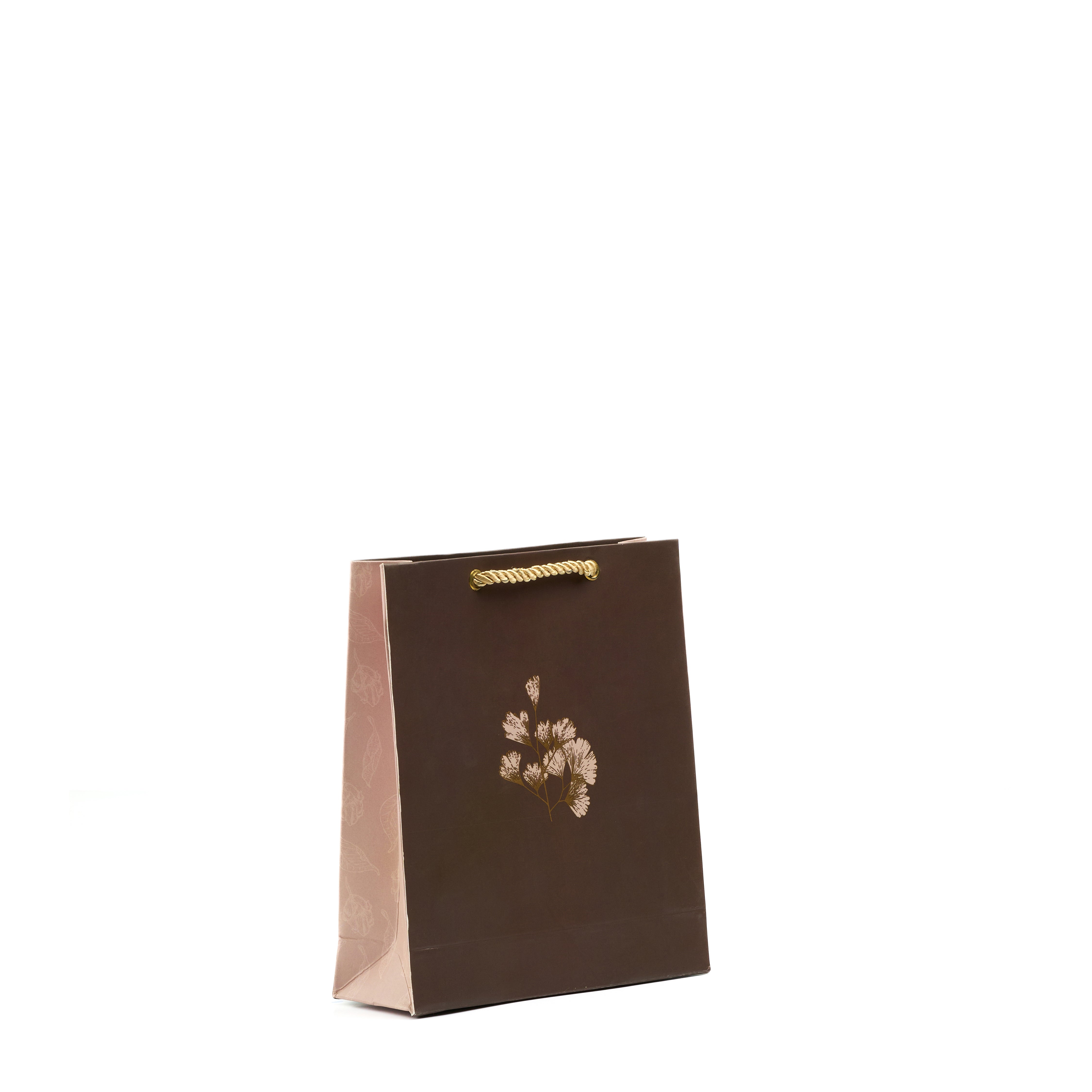 Small brown floral gift bag featuring fine white blooms and muted beige accents, perfect for premium trinkets and party favors.