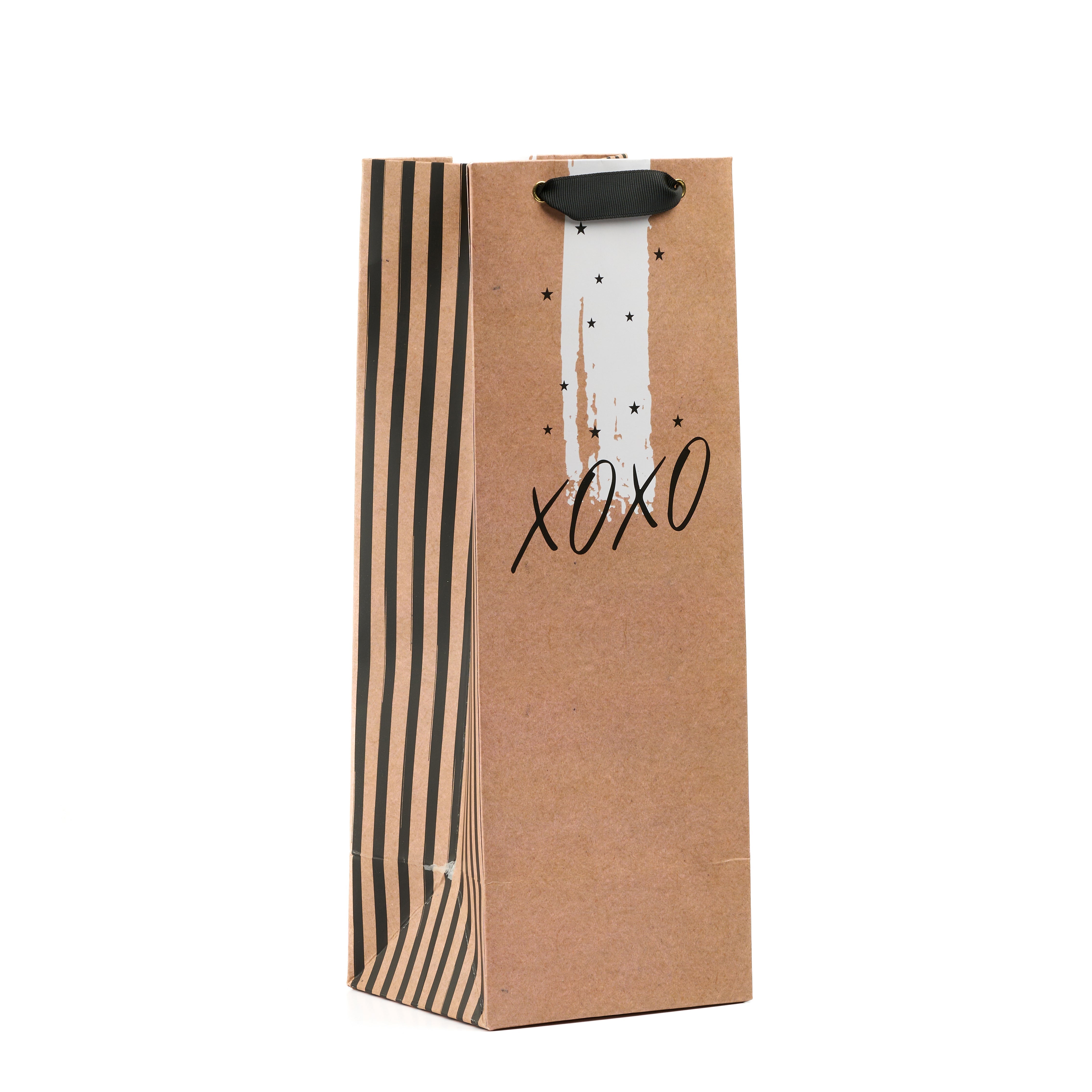 Stylish wine-sized kraft gift bag featuring XOXO artwork, striped panels, and ribbon handles.