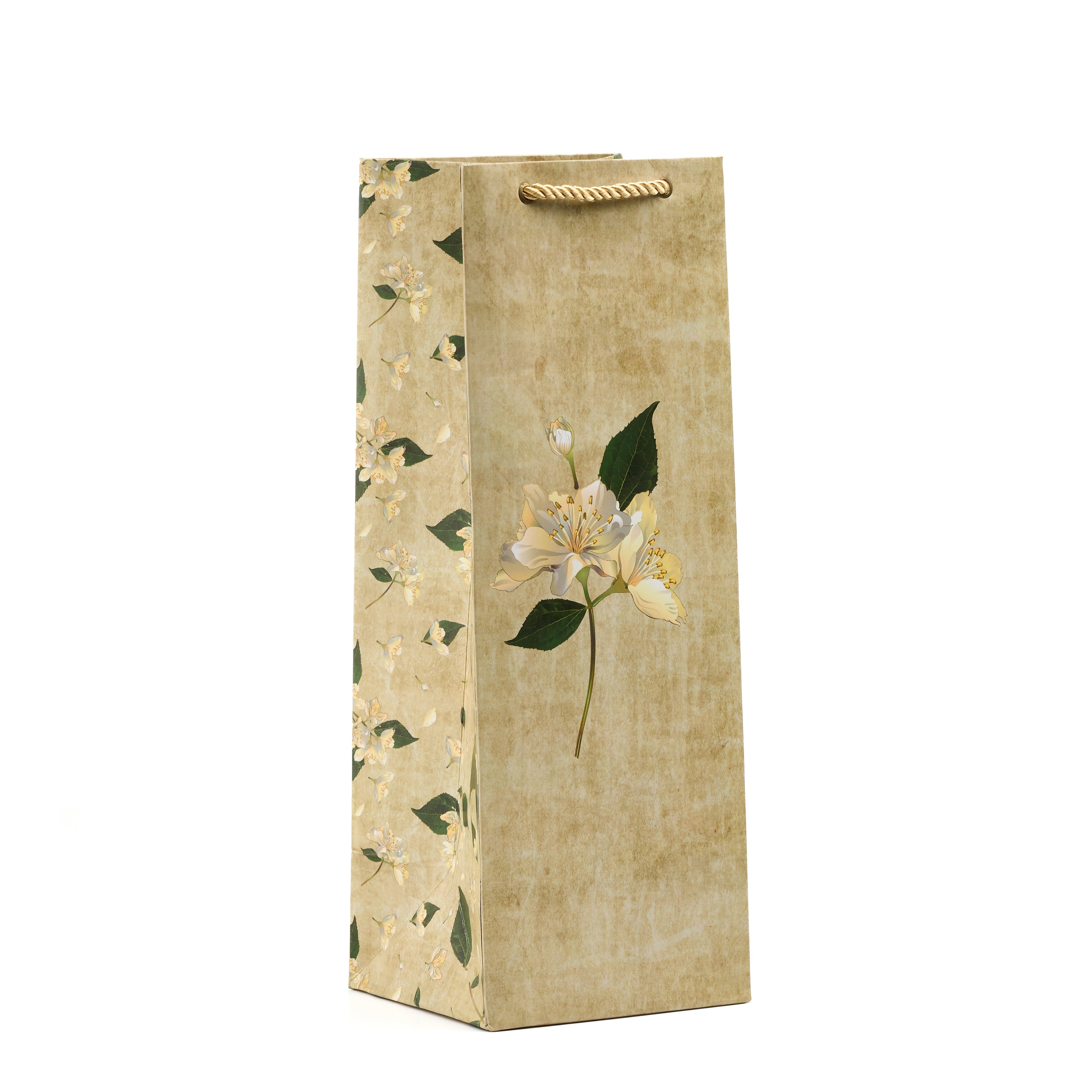 Tall pastel wine gift bag with elegant florals and golden handle, ideal for elevated bottle gifting.