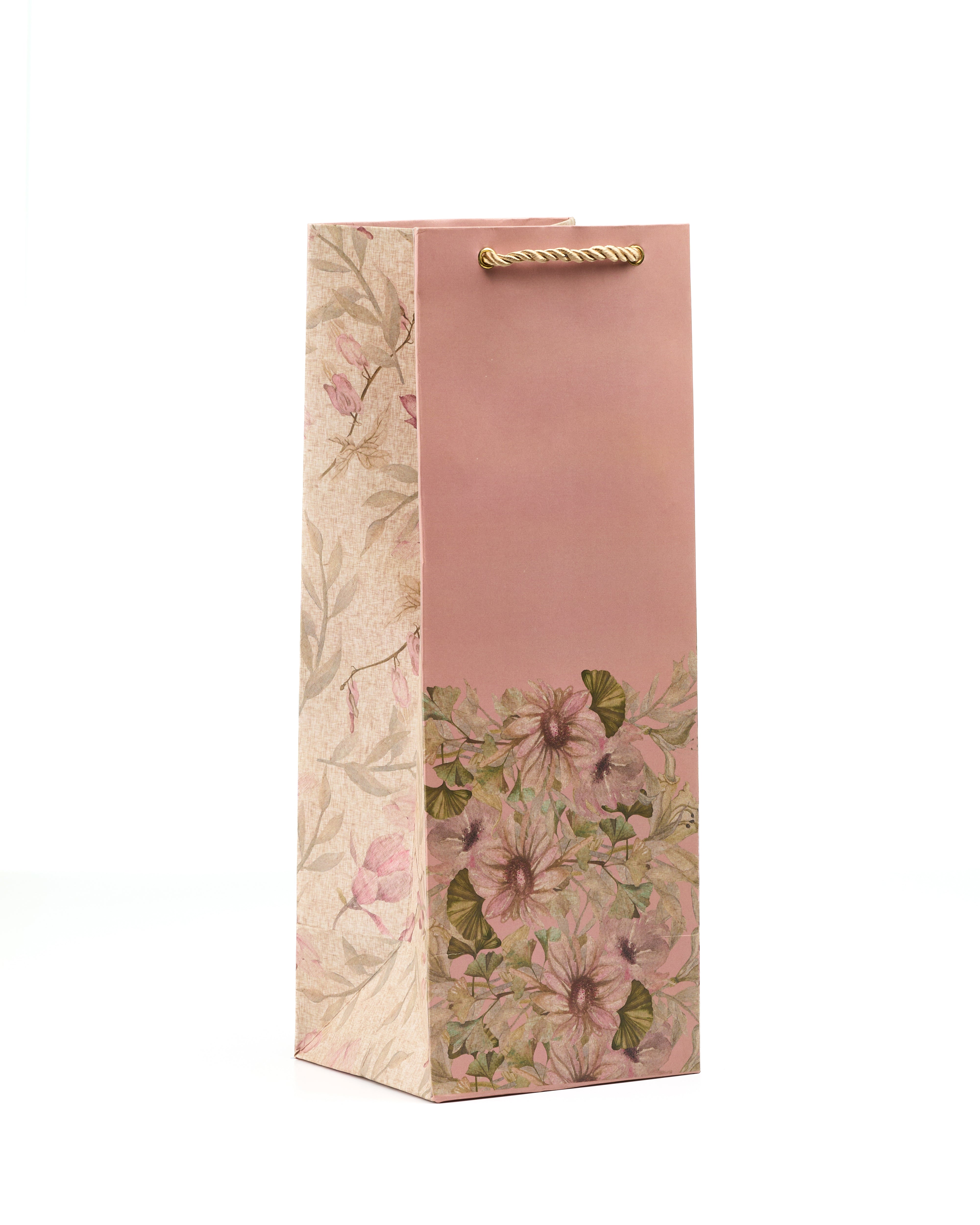 Floral printed wine gift bag with rope handles in blush and beige tones.