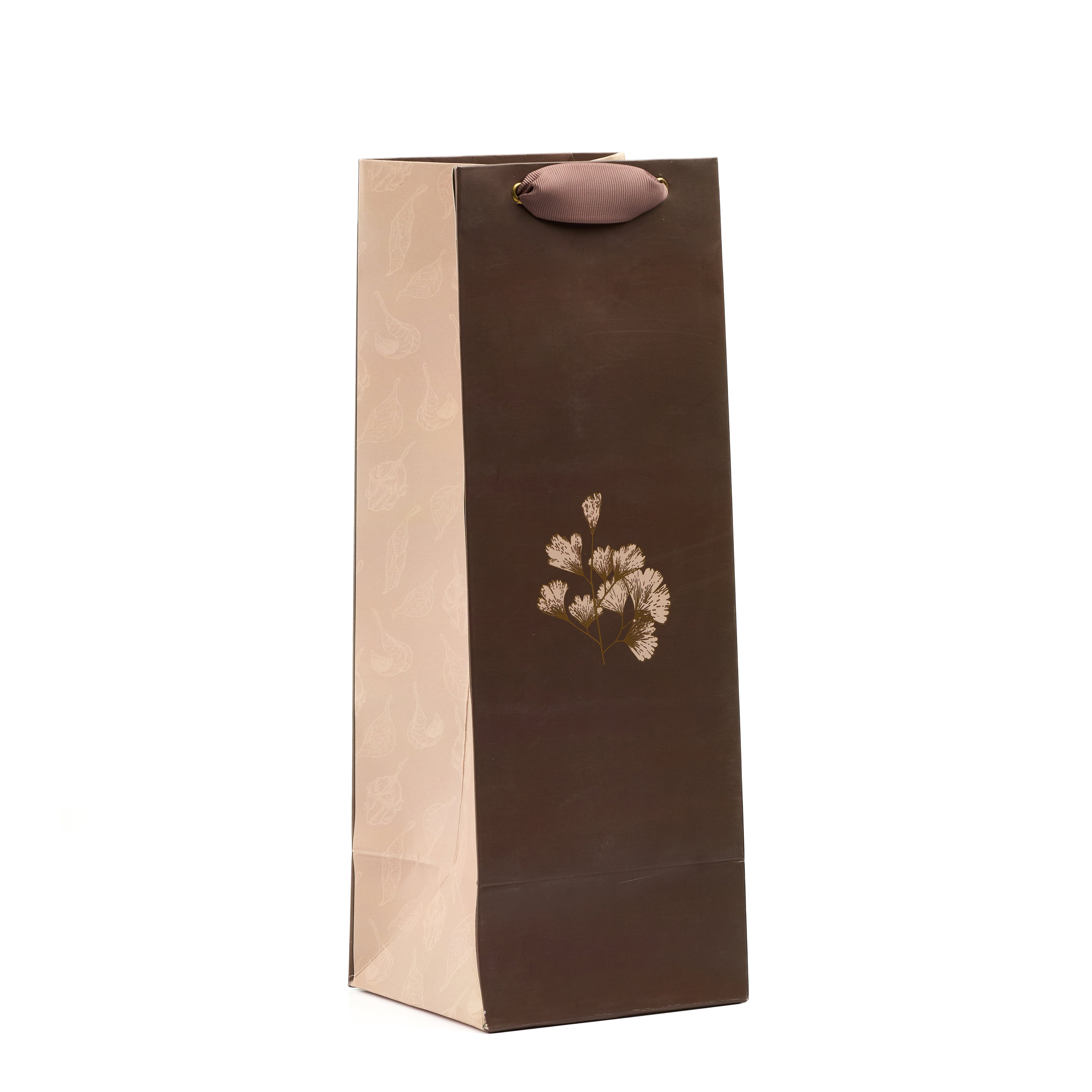 Tall brown wine gift bag with delicate botanical motif and beige side panels, designed for stylish bottle gifting.