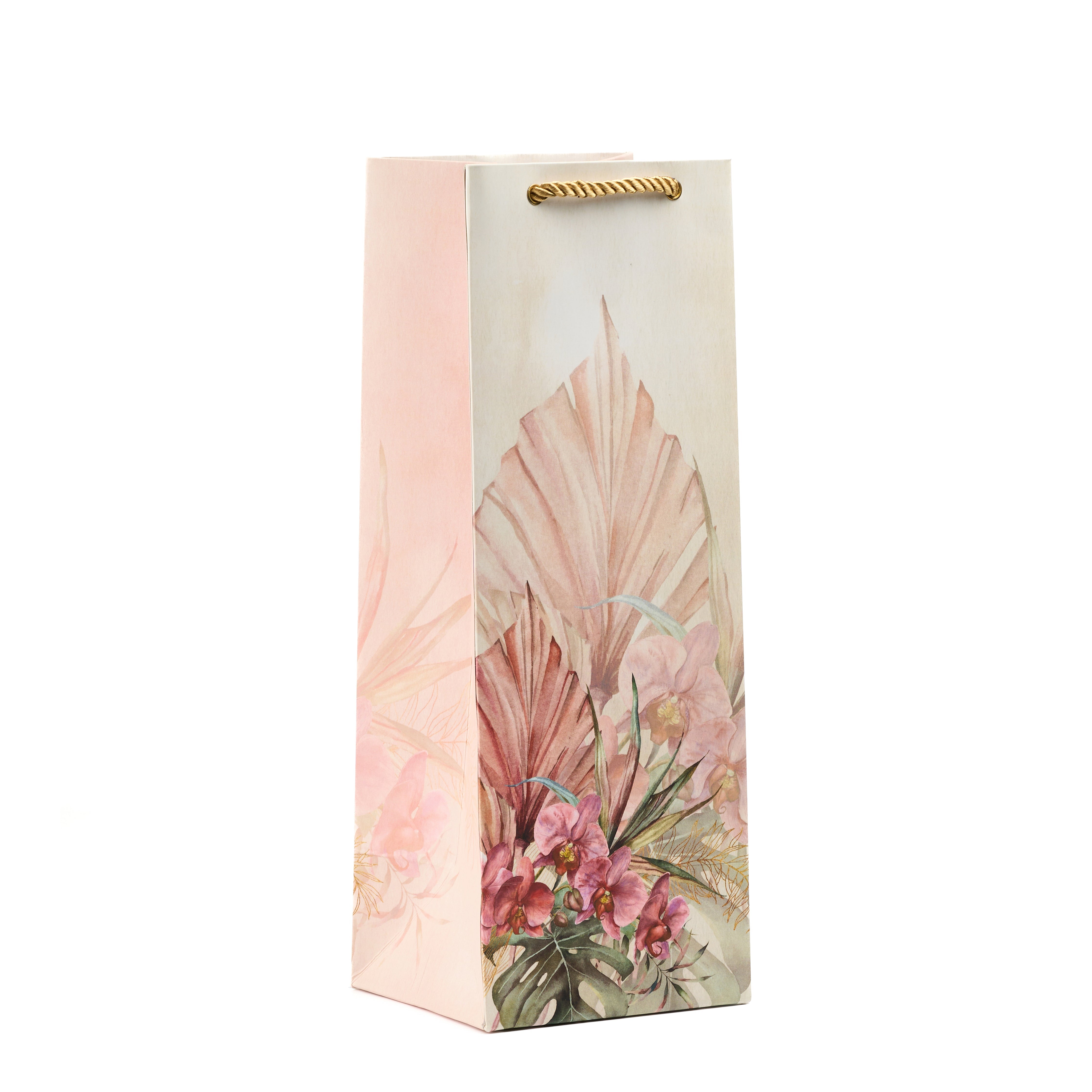 A tall pastel pink wine gift bag with a graceful botanical floral illustration, including pink leaves and delicate flowers.