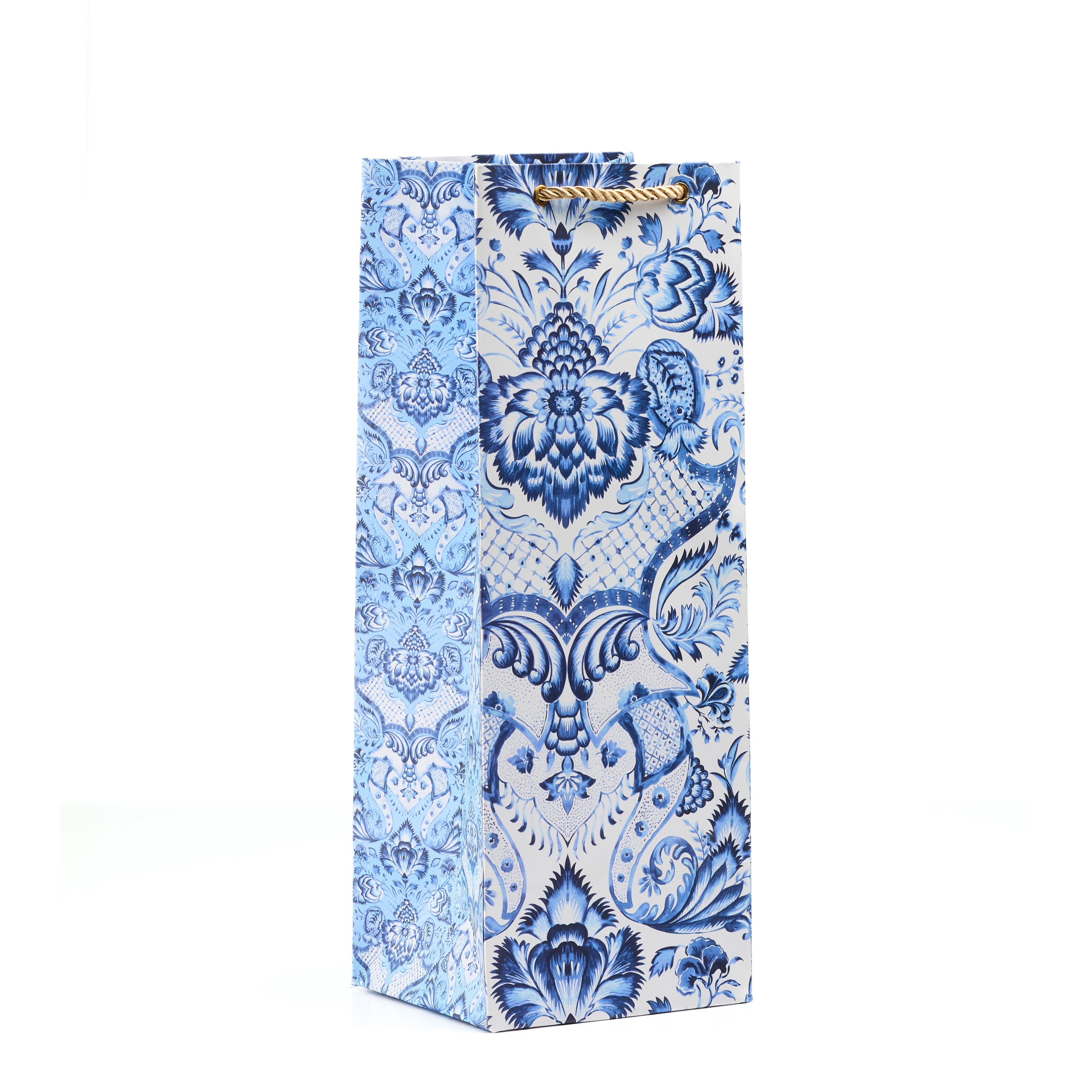 Blue Batik wine bottle bag with ornate blue floral design, ideal for elegant wine or bottle gifting occasions.