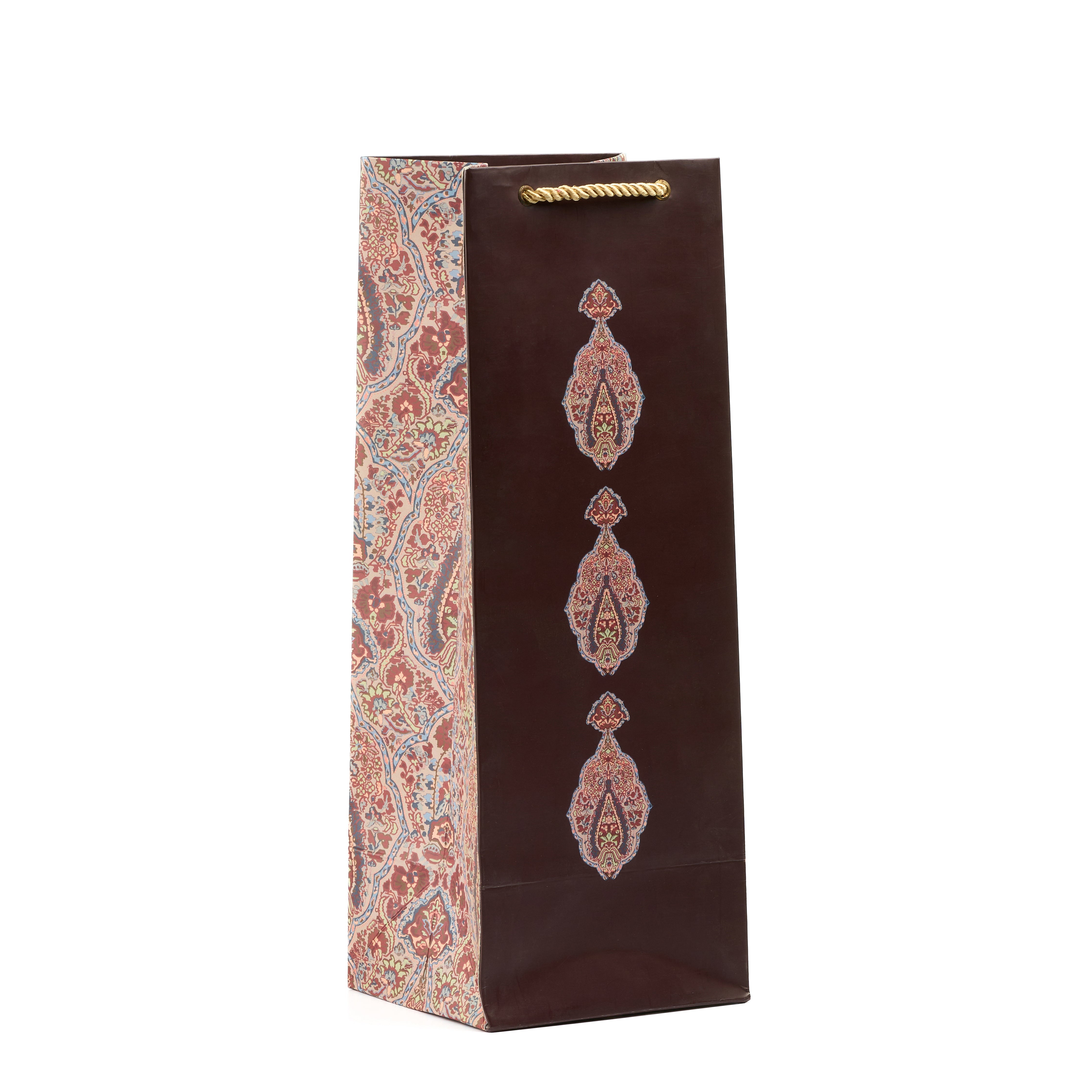 Tall navy wine gift bag with deep-toned florals, perfect for evening gatherings and premium gifts.