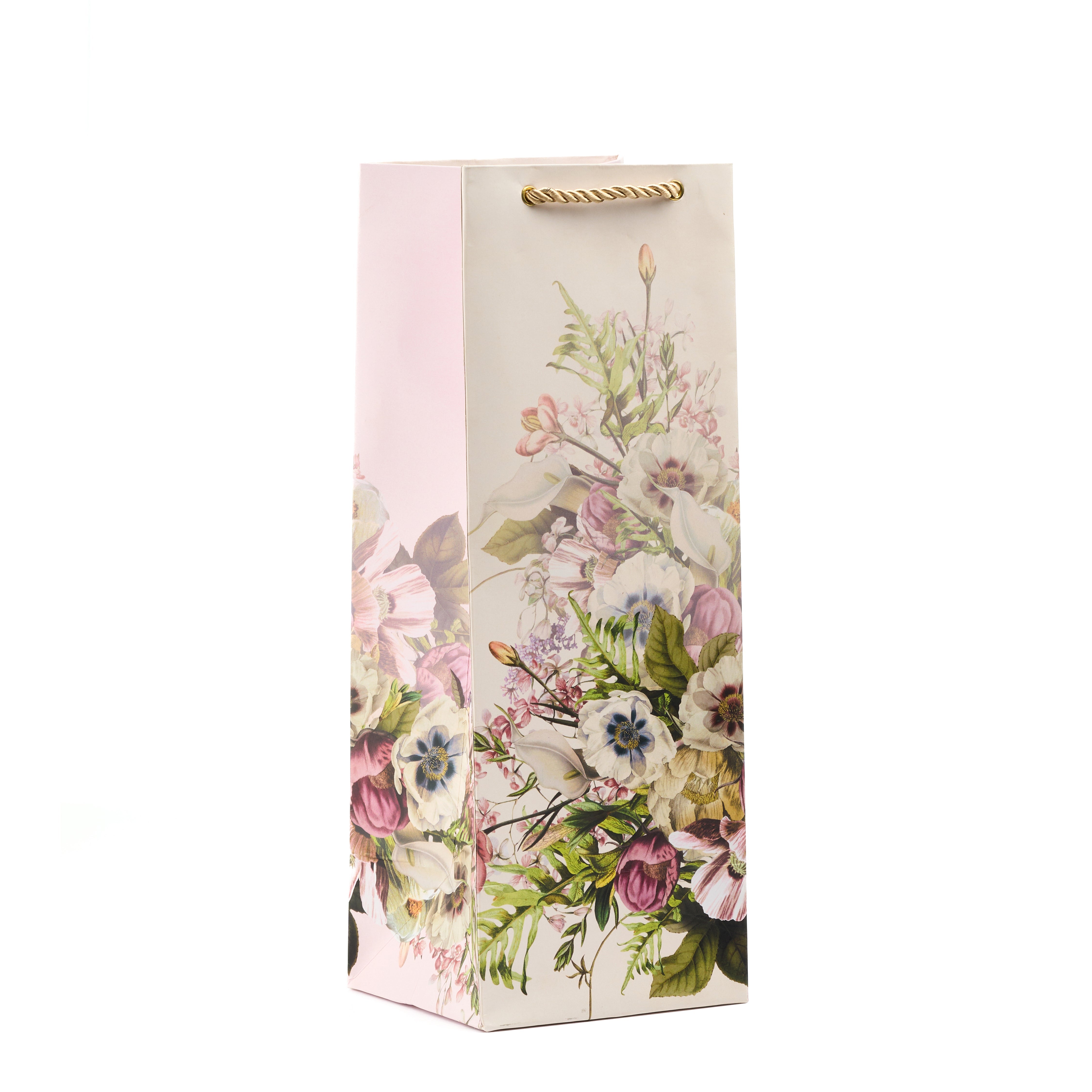 Tall floral wine bag with romantic bouquet artwork in pastel tones, perfect for refined bottle gifting.