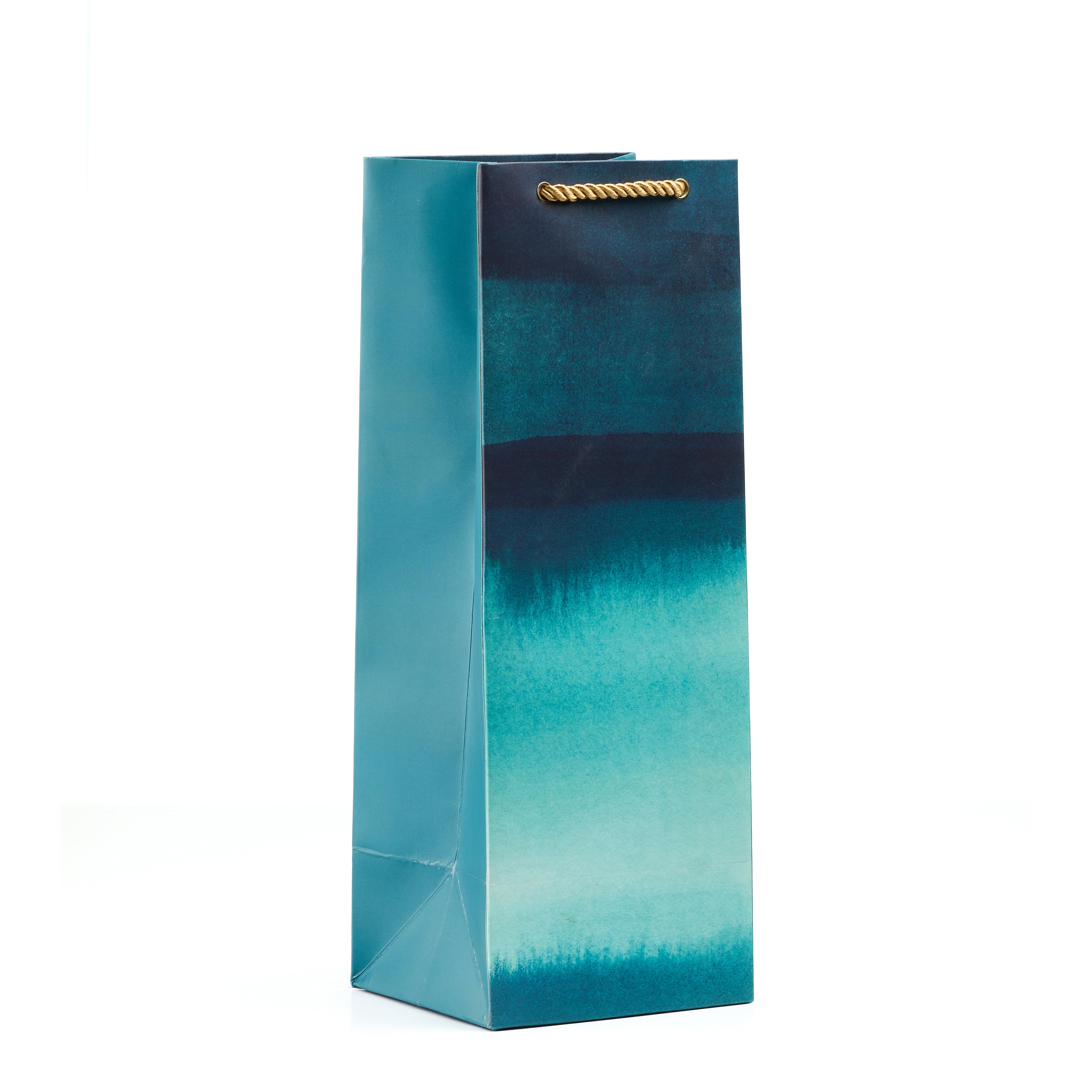 Tall teal wine bag with painterly blue tones and sleek finish, perfect for modern, sophisticated bottle presentation.