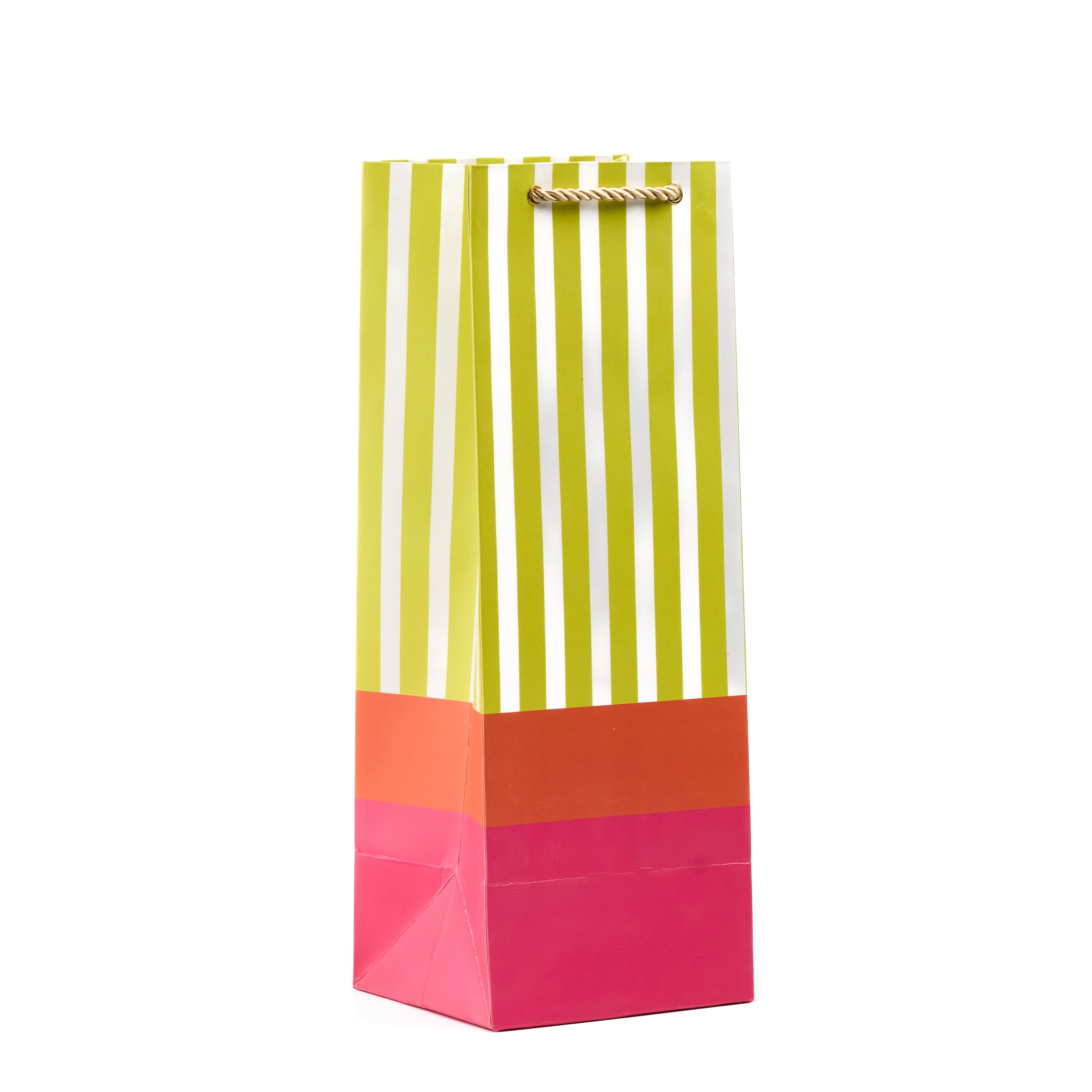 Striped yellow wine gift bag featuring a contrasting teal detail and premium rope handle