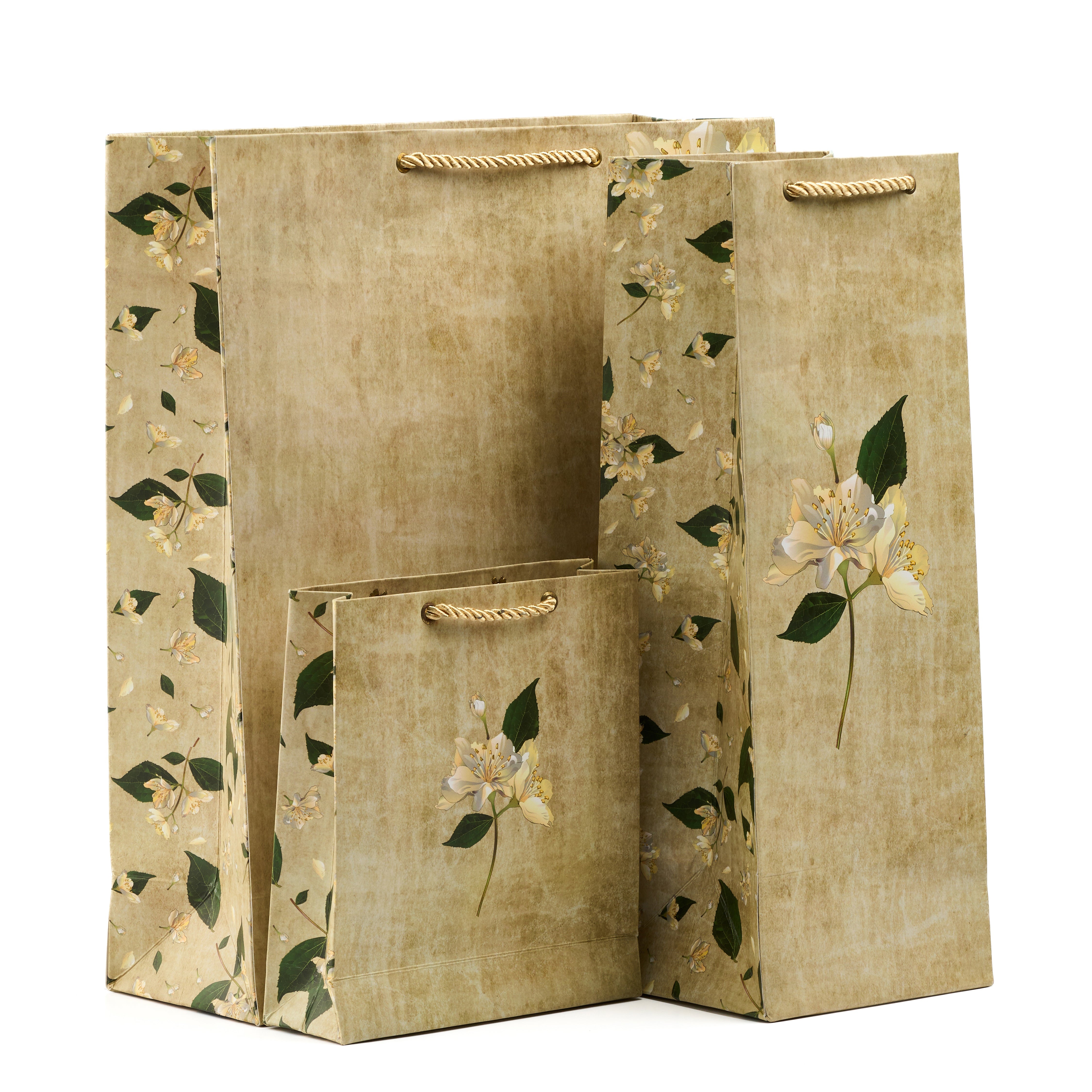 Grande pastel green gift bag set with floral designs in all sizes—ideal for refined, graceful celebrations.