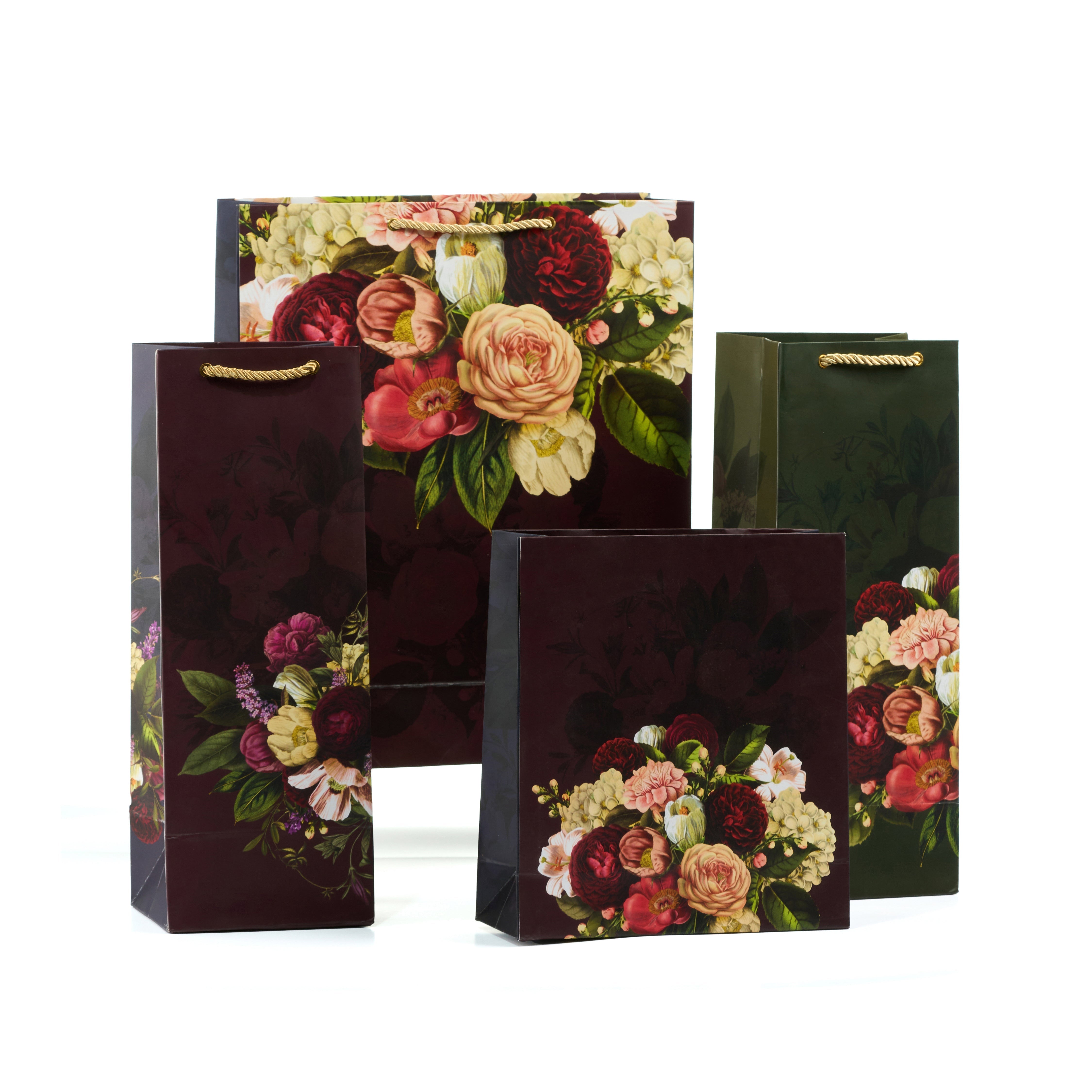 Set of floral gift bags in assorted sizes with rich burgundy base and vibrant flower design, perfect for elegant gifting.