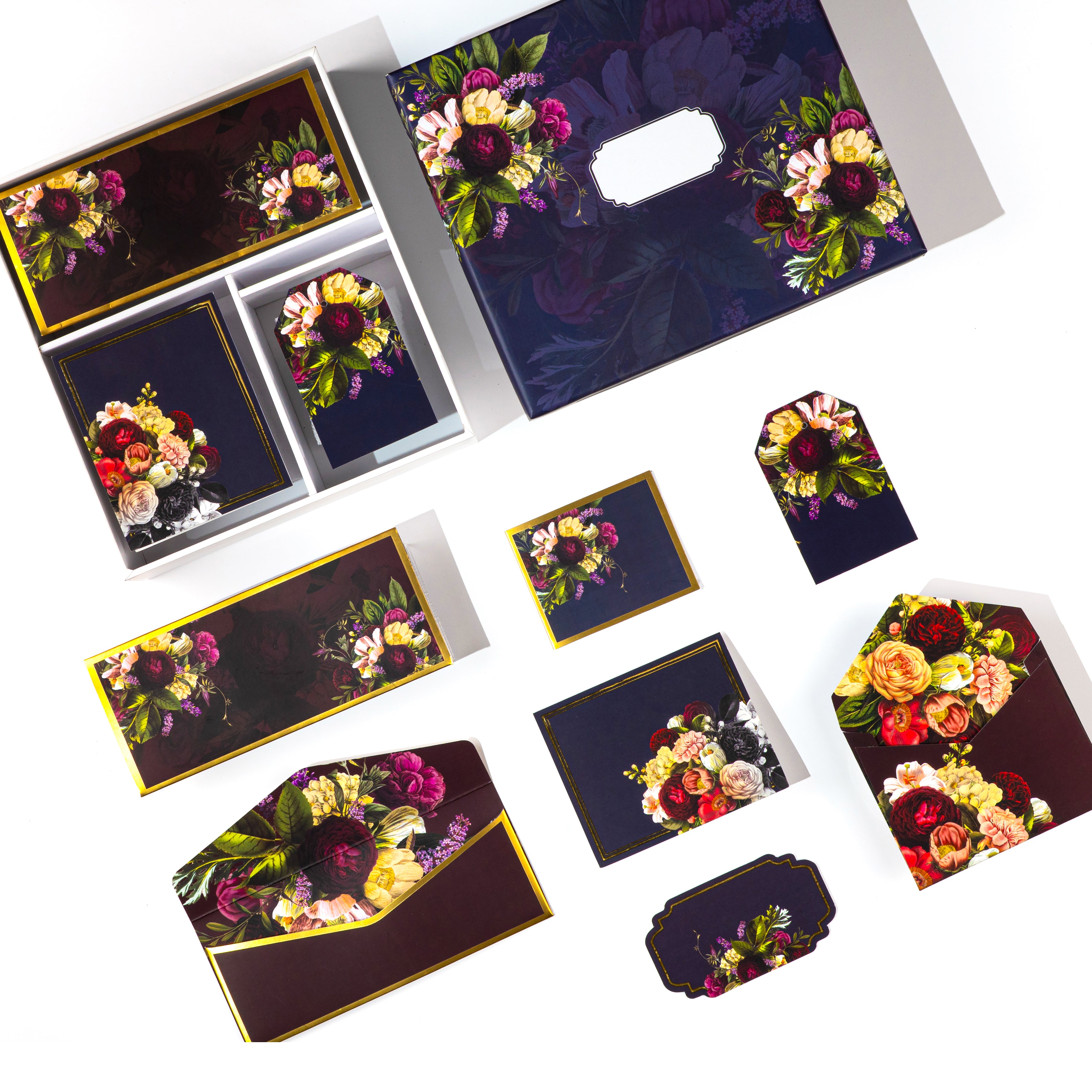 Premium floral stationery gift set in deep tones with rose bouquet prints, ideal for luxury gifting needs.