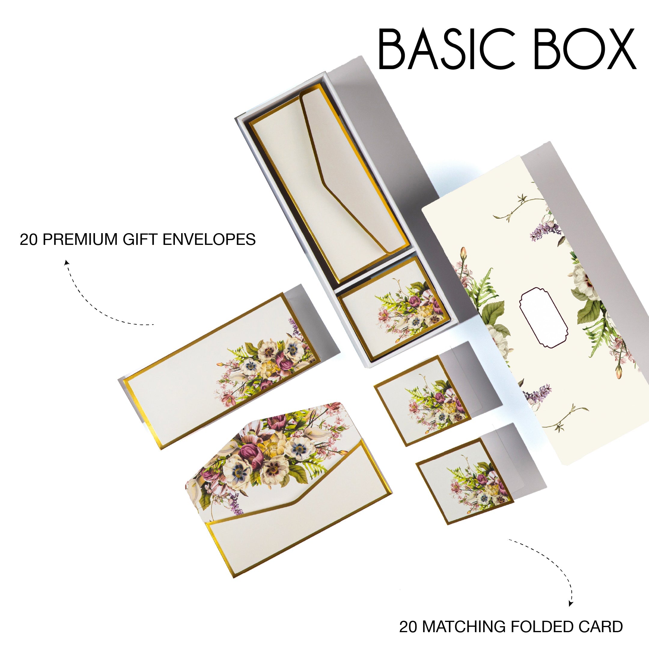 Cream boxed stationery with elegant floral bouquets on cards, tags, and envelopes.