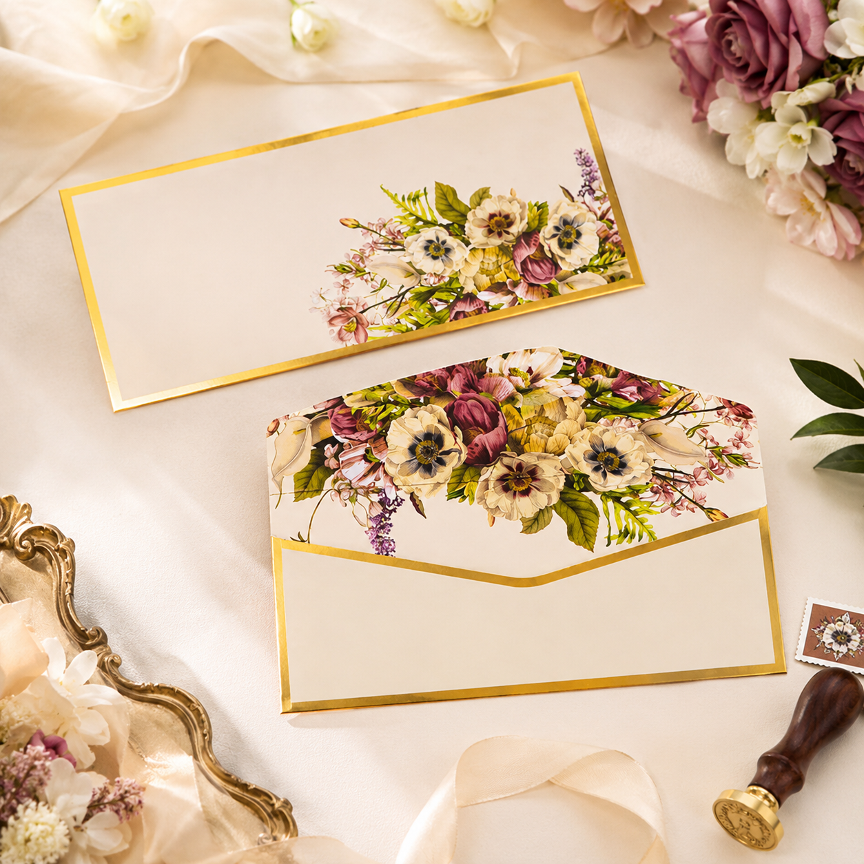 Cream floral shagun set with elegant floral bouquets on envelopes.