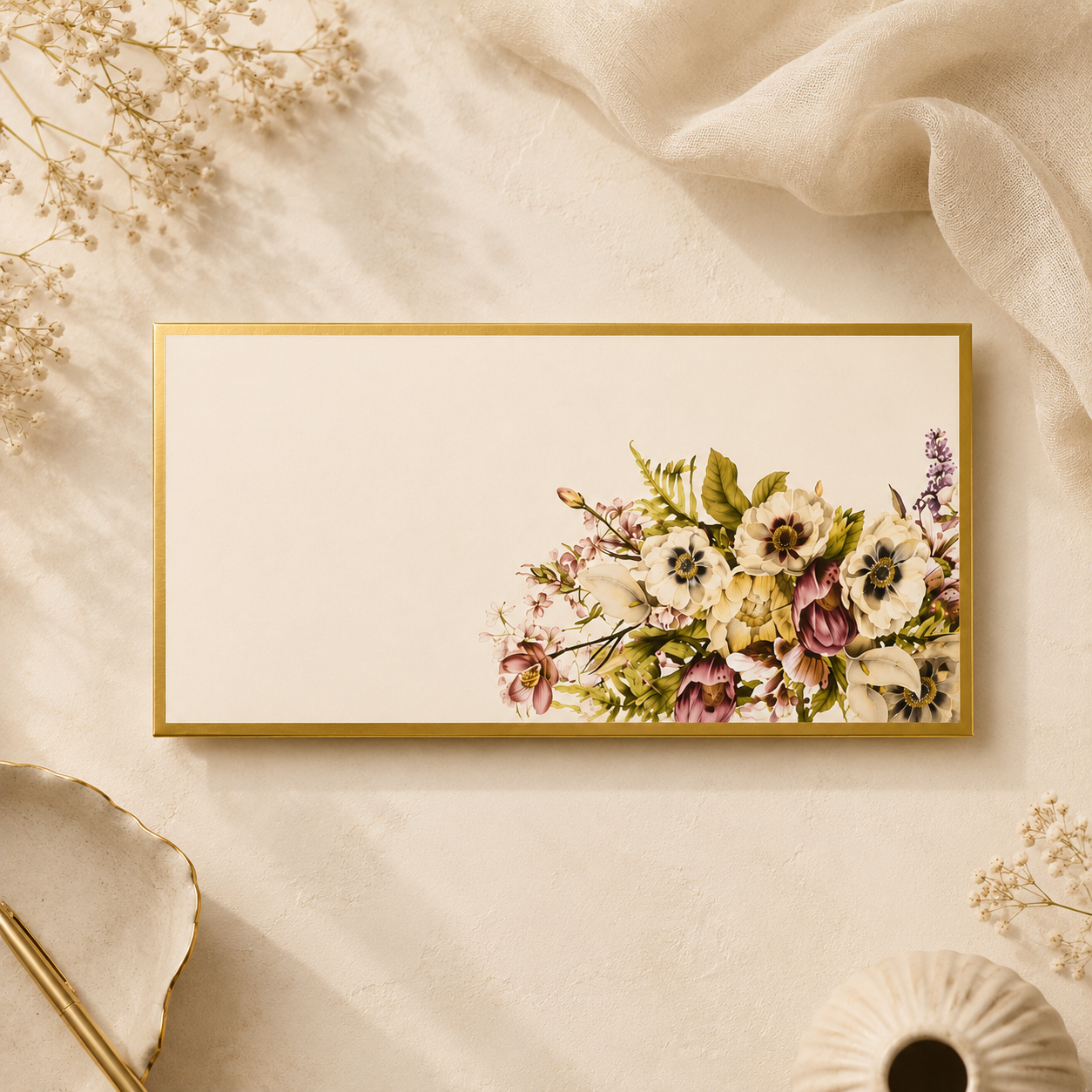 Cream floral shagun set with elegant floral bouquets on envelopes.