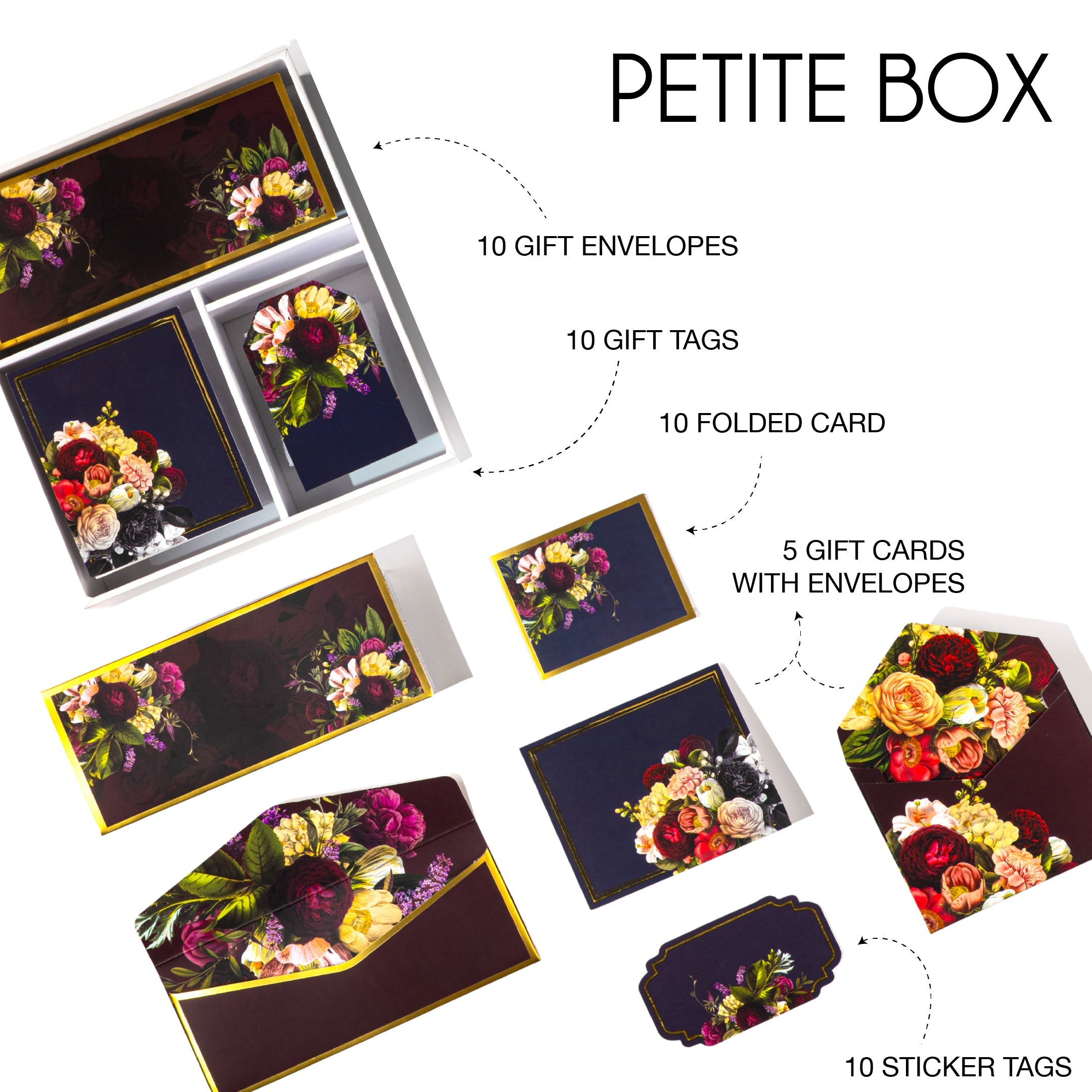 Premium floral stationery gift set in deep tones with rose bouquet prints, ideal for luxury gifting needs.