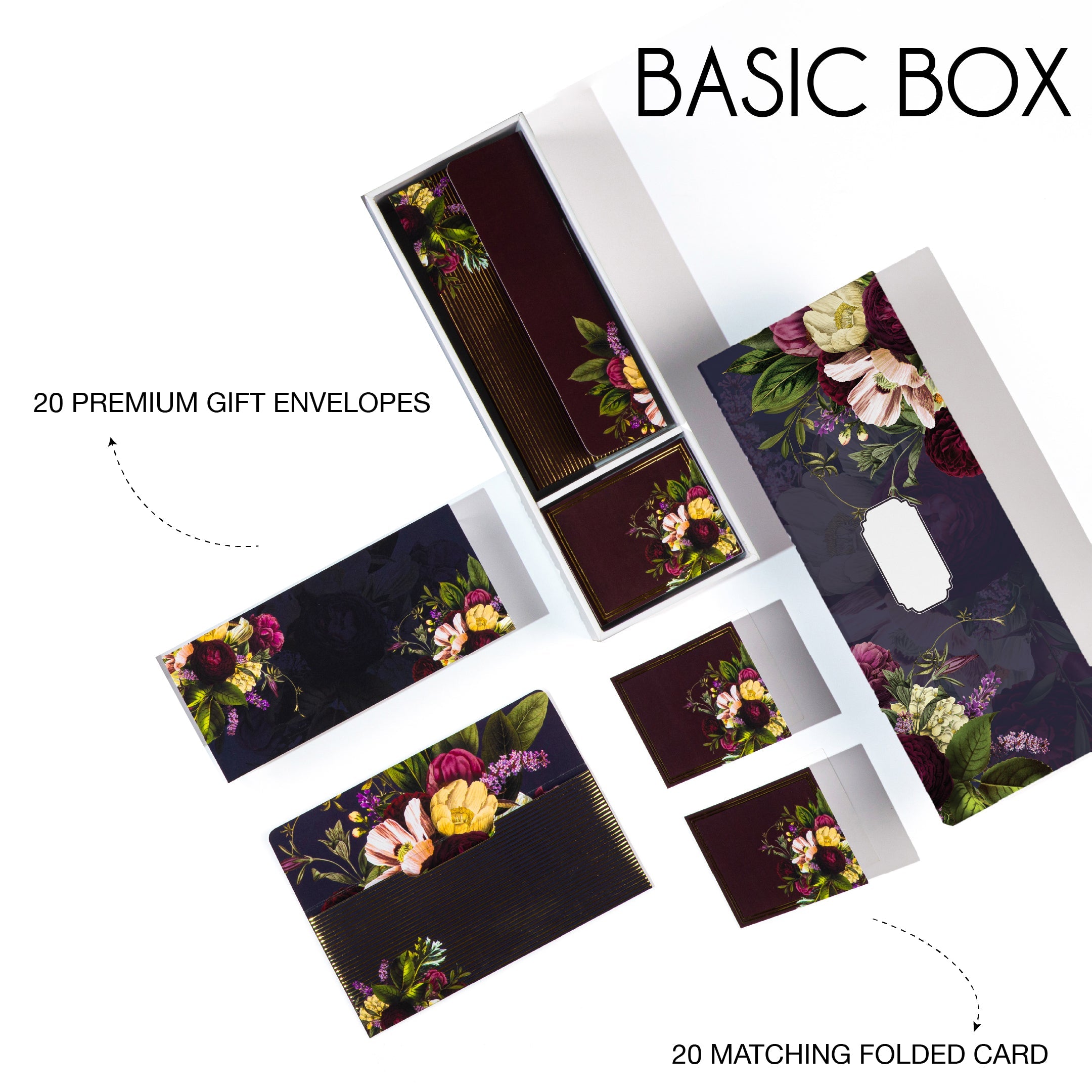 Premium floral stationery gift set in deep tones with rose bouquet prints, ideal for luxury gifting needs.