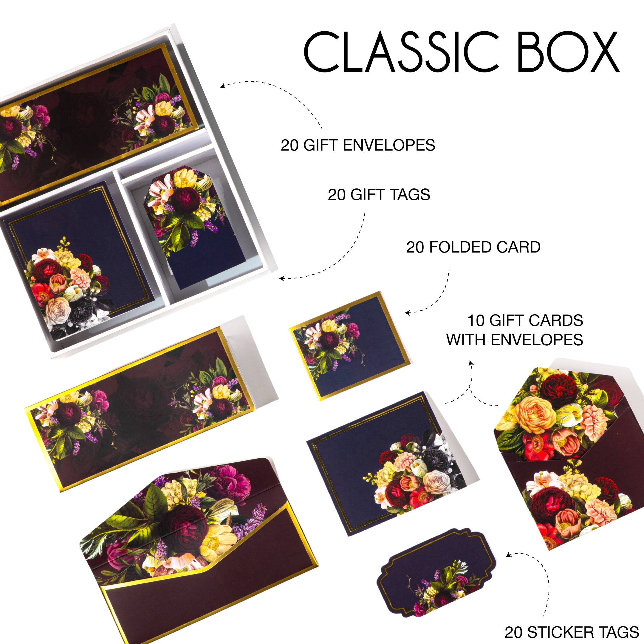 Premium floral stationery gift set in deep tones with rose bouquet prints, ideal for luxury gifting needs.