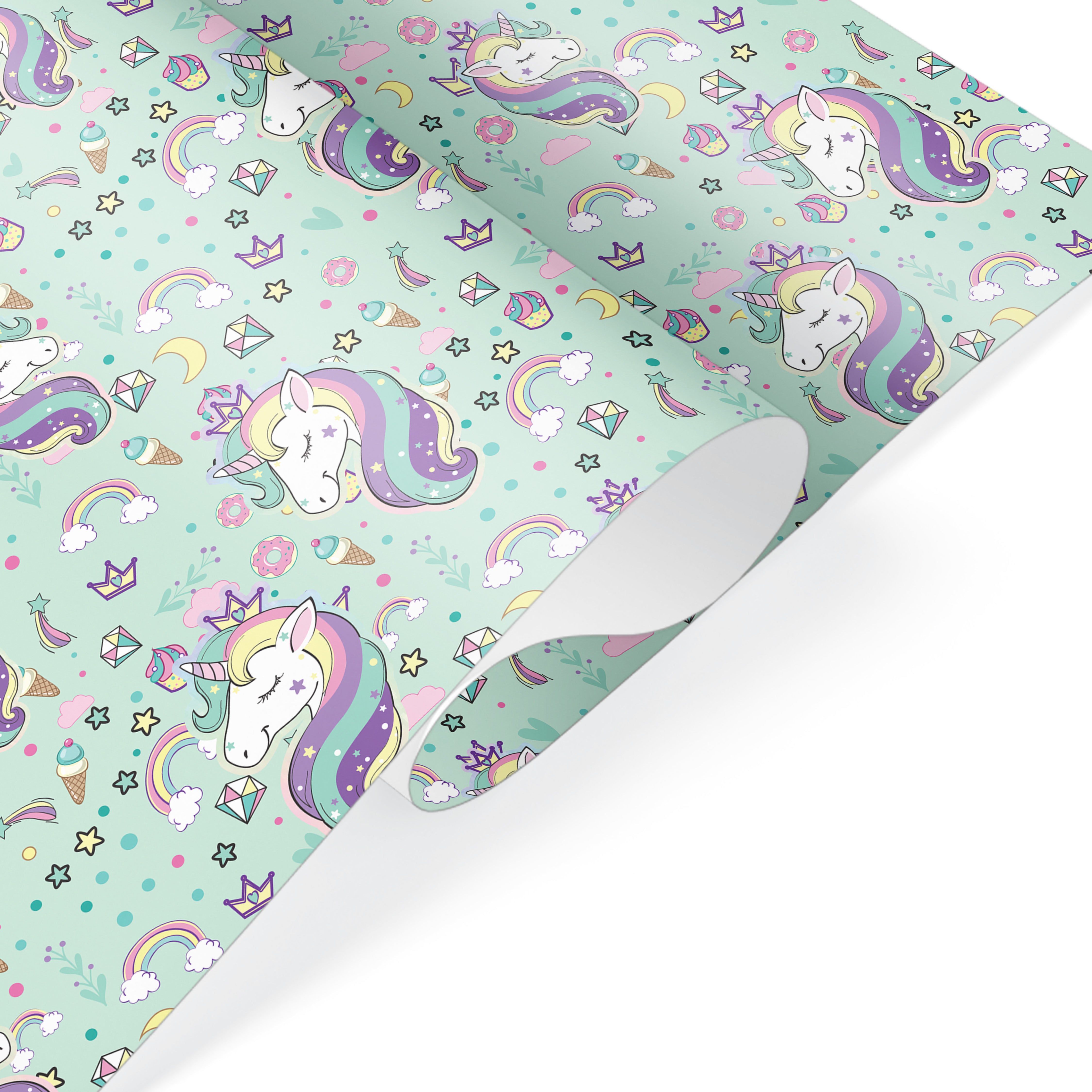 Unicorn gift wrap with rainbows, stars, and sweets on mint background – perfect for kids’ birthdays and fun gifts.