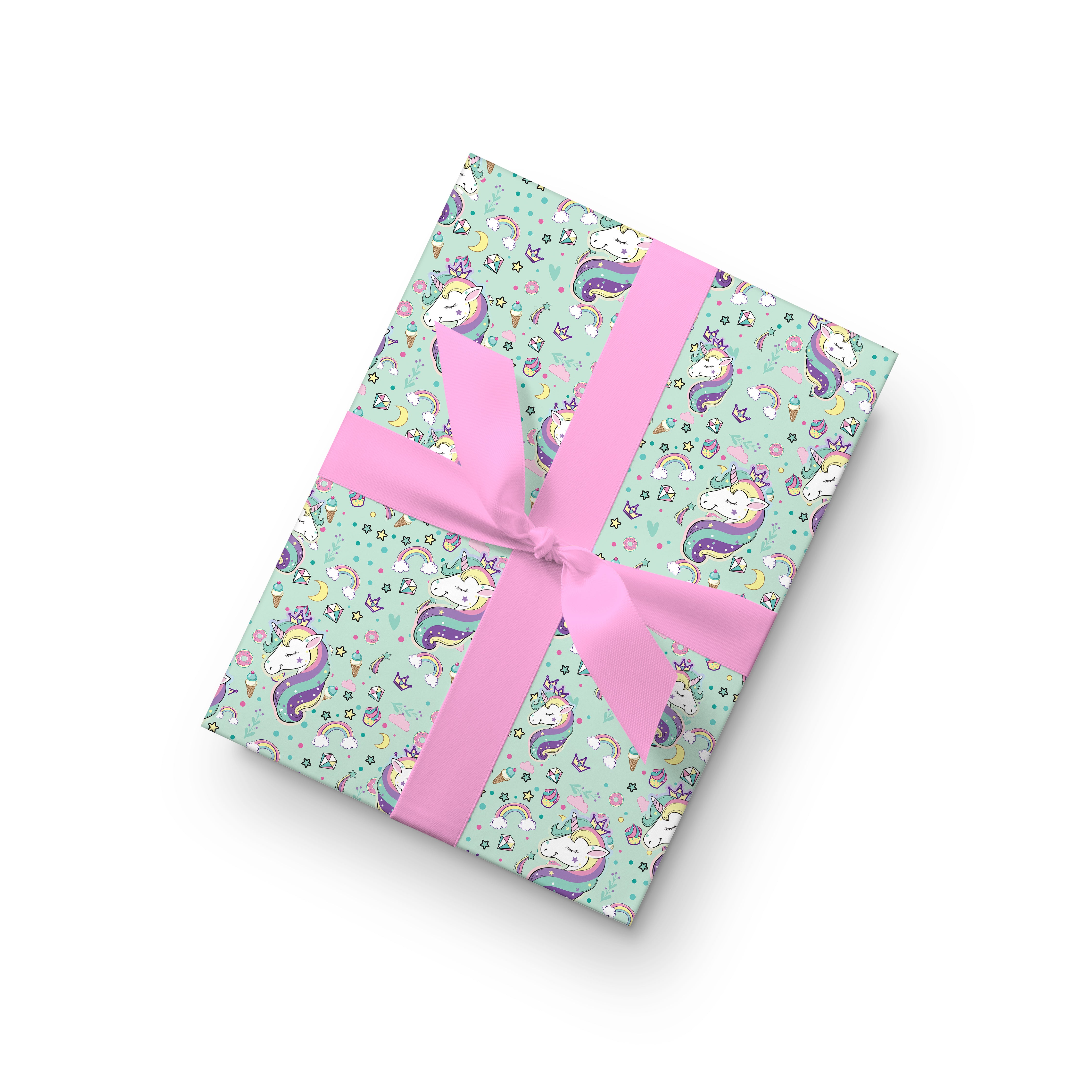Unicorn gift wrap with rainbows, stars, and sweets on mint background – perfect for kids’ birthdays and fun gifts.