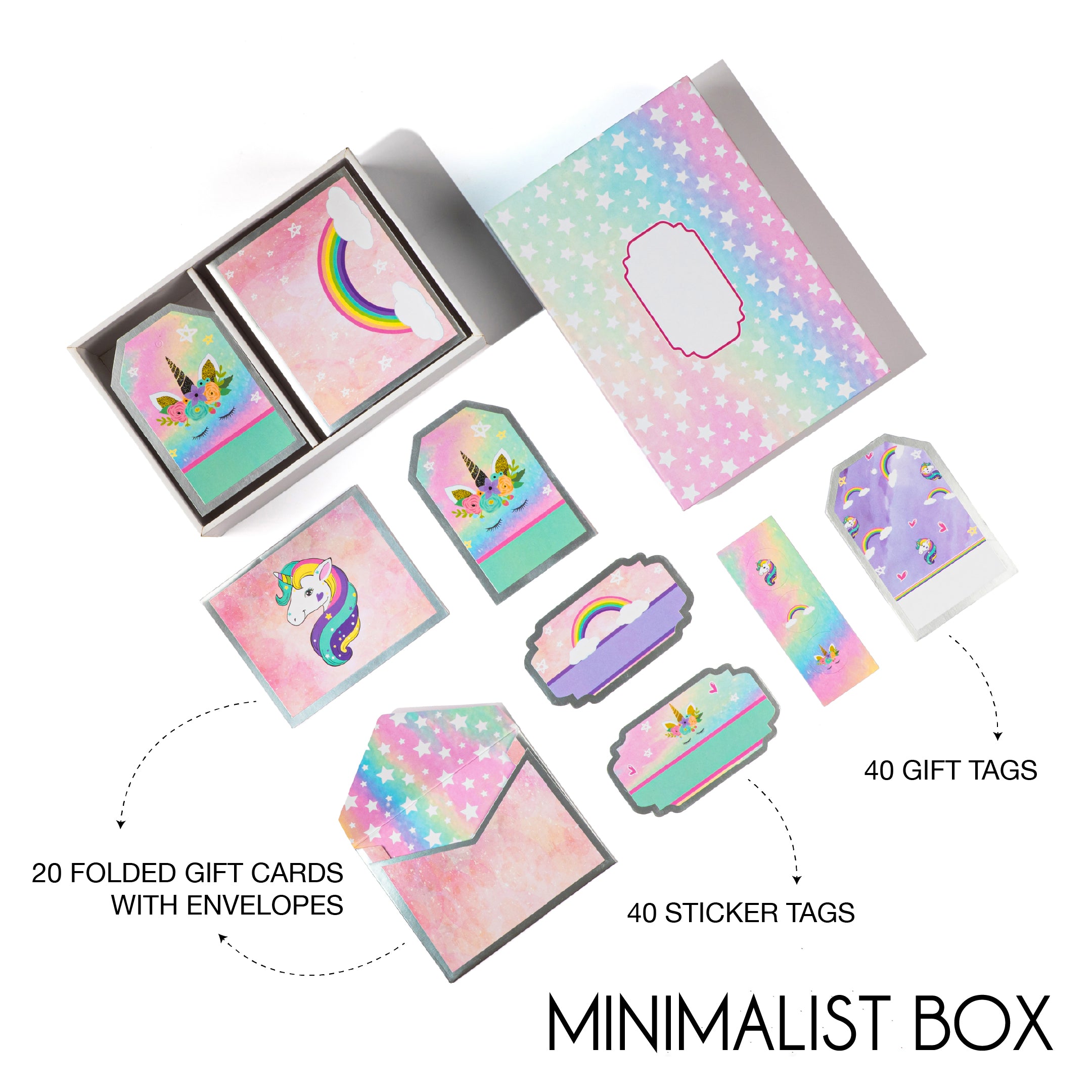 Unicorn-themed pastel stationery set with stars and hearts, includes cards, tags, and envelopes in a gift box.