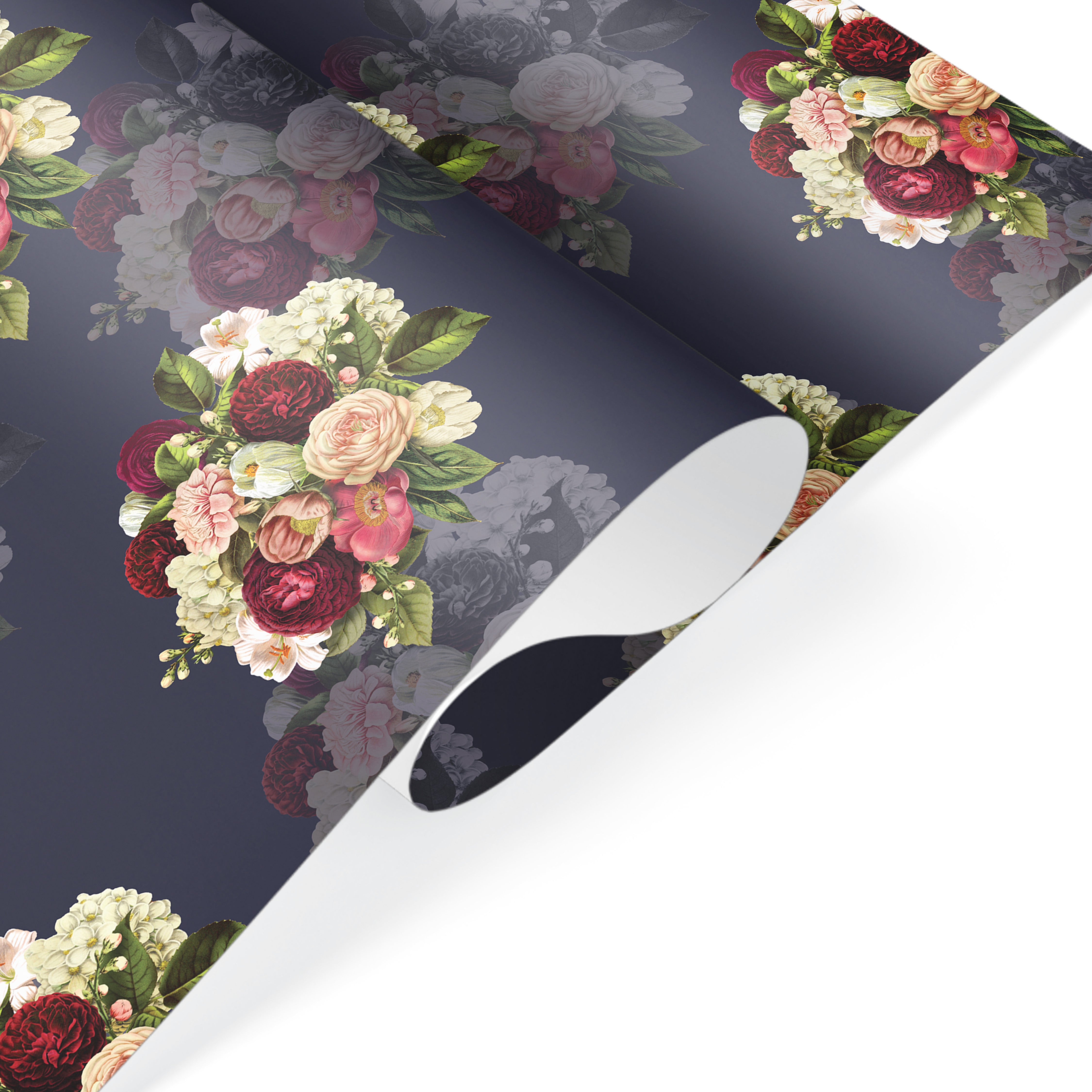 Navy blue wrapping paper with vintage floral bouquets in pink, cream and red, luxury floral gift wrap.