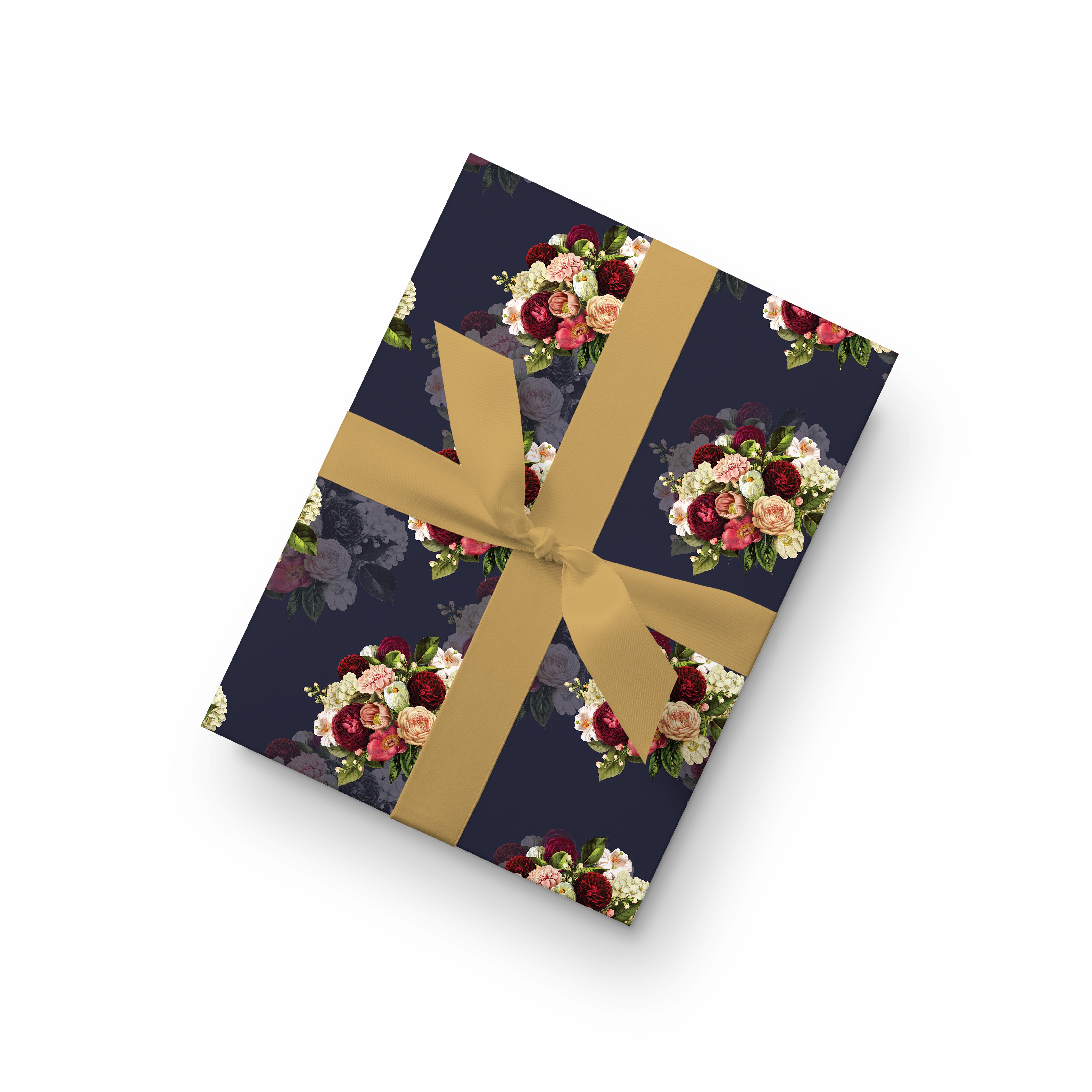 Navy blue wrapping paper with vintage floral bouquets in pink, cream and red, luxury floral gift wrap.