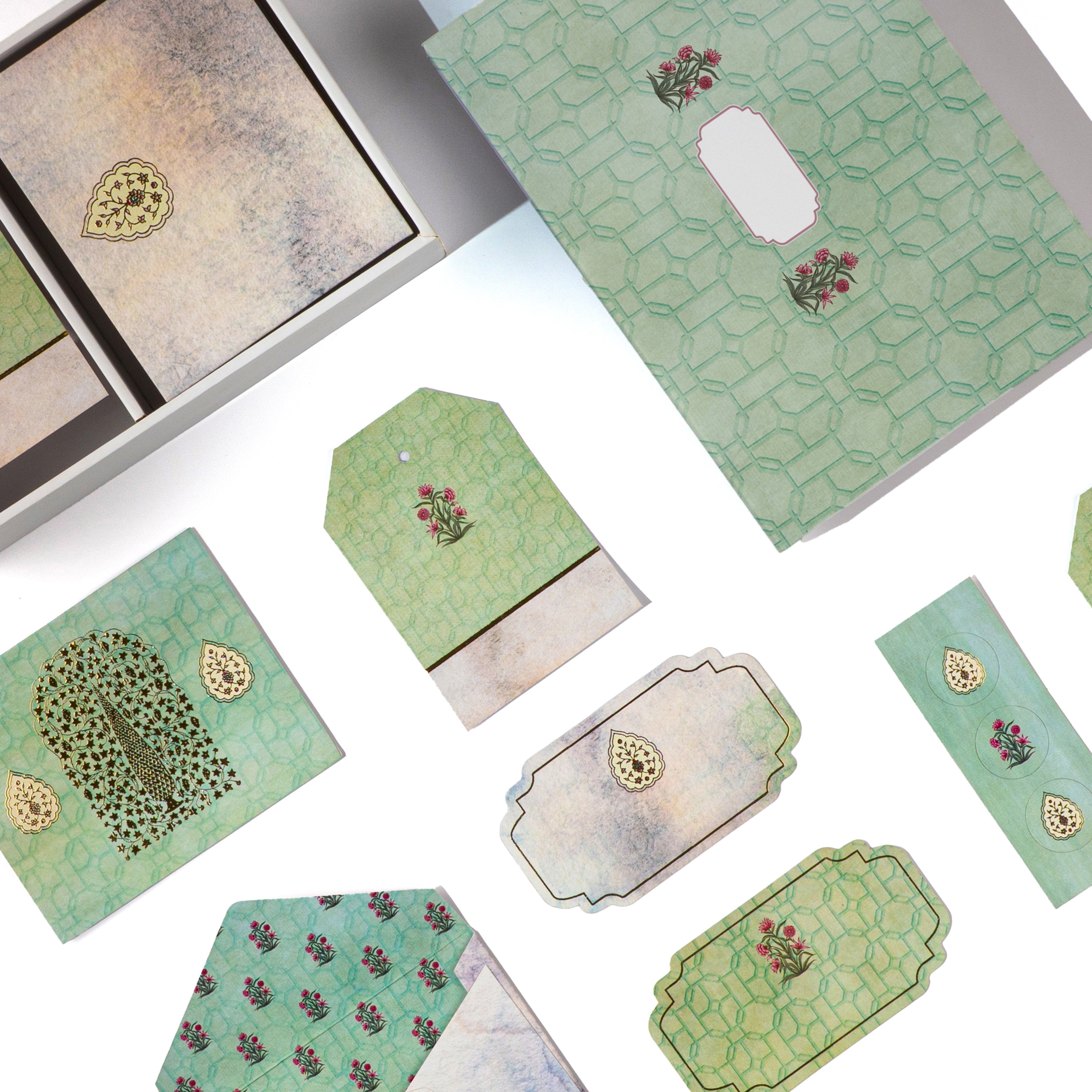 Pastel Mughal Blooms stationery set with Ajrak-inspired patterns, Jaipur motifs, and elegant floral designs