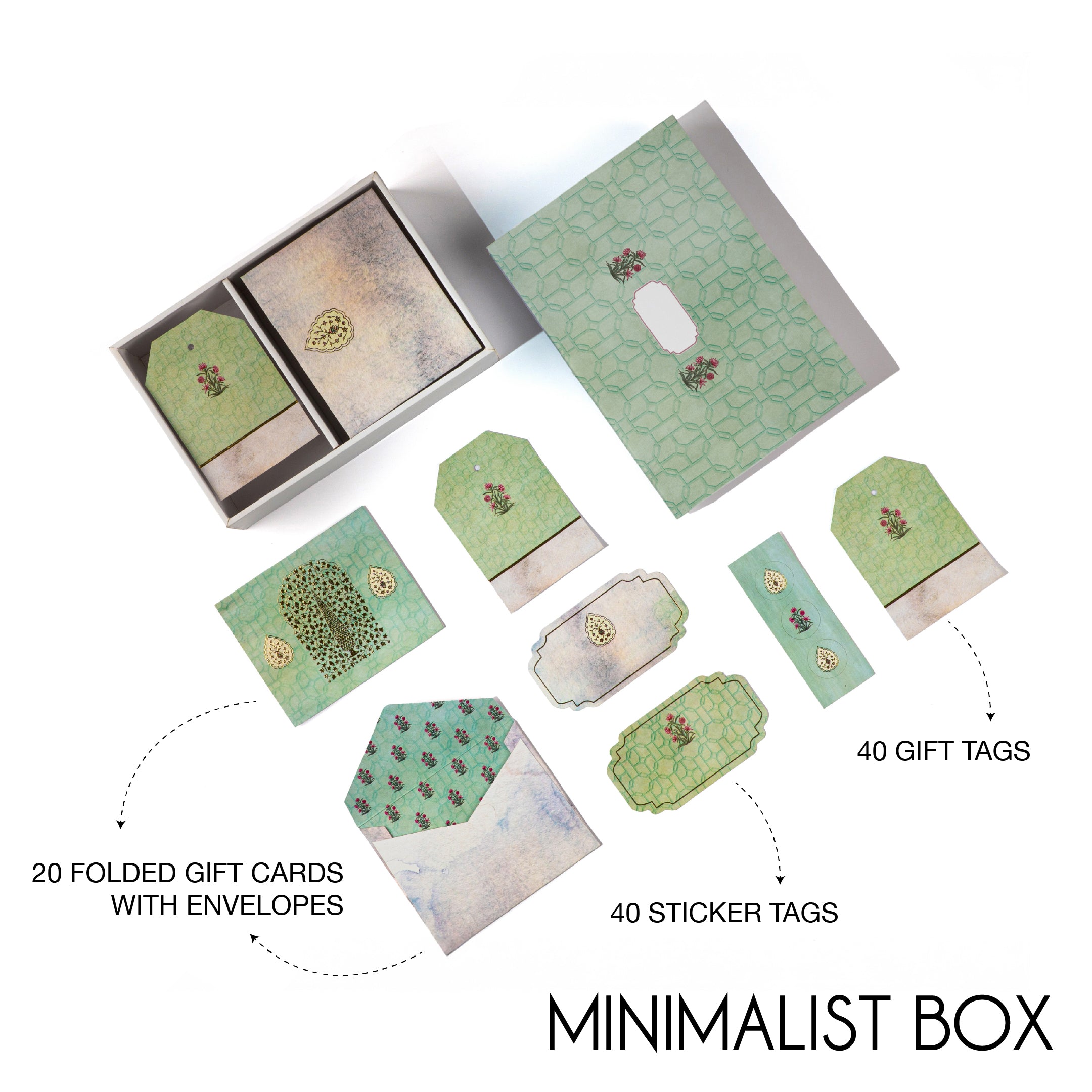 Pastel Mughal Blooms stationery set with Ajrak-inspired patterns, Jaipur motifs, and elegant floral designs