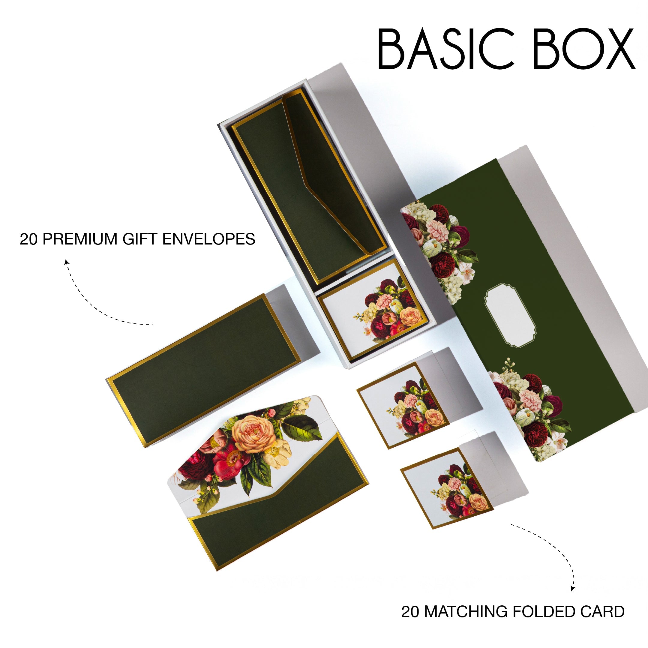 Dark green floral stationery set with gold accents, envelopes, and gift cards.