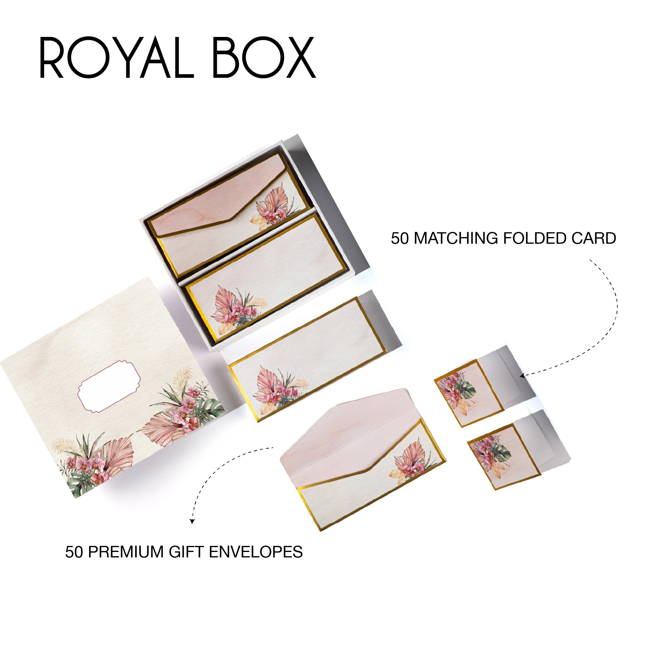 Tropical floral stationery set with gold accents, featuring tags, cards, and envelopes in a wooden-look box.