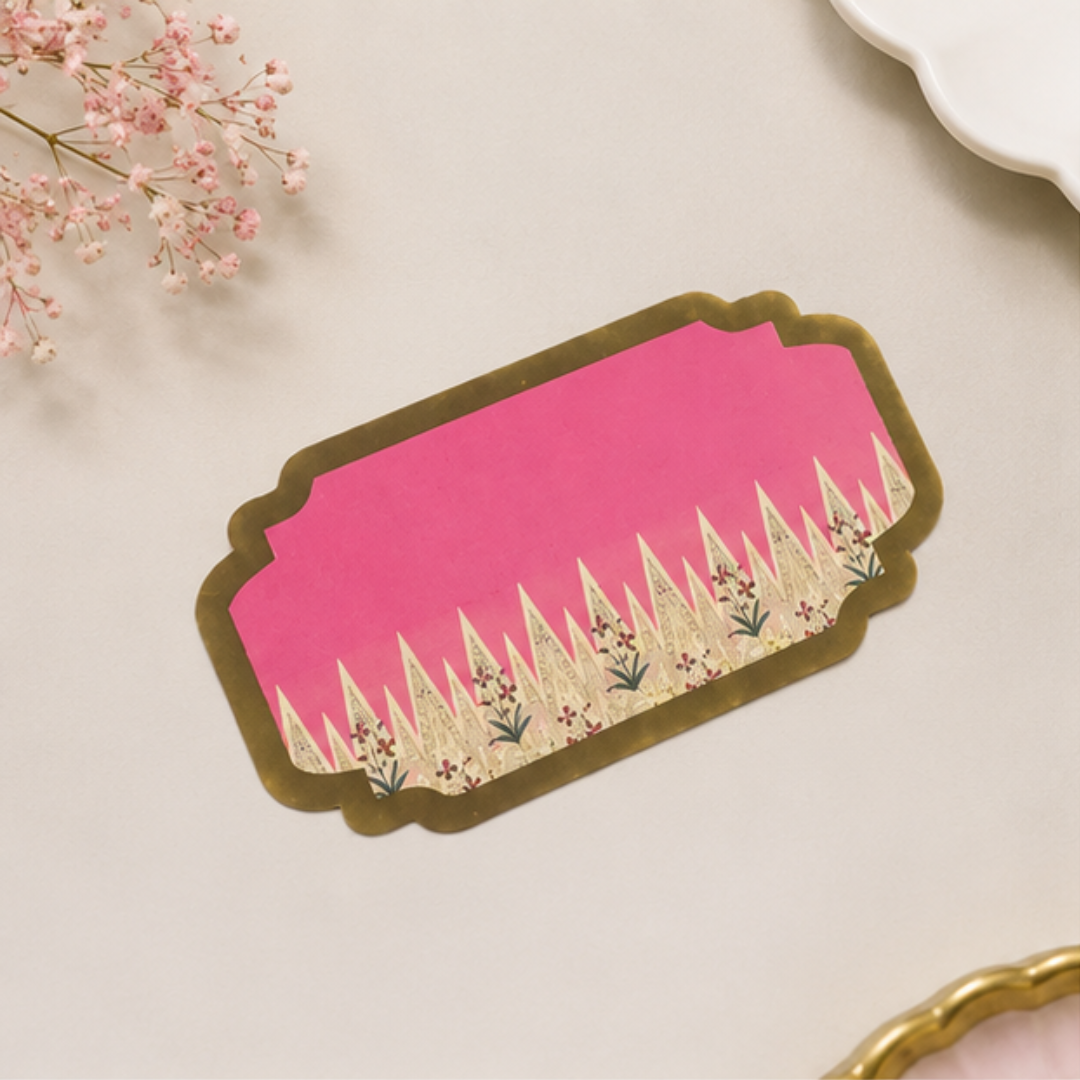 Luxury pink gift tag with intricate floral detailing and scalloped edging, ideal for return favors, hampers, and celebration gifting.