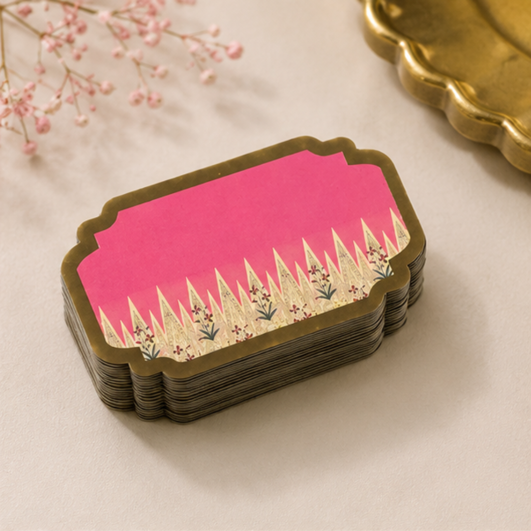 Sophisticated floral peel and stick gift sticker with bright pink tones and refined gold border for premium gift packaging.