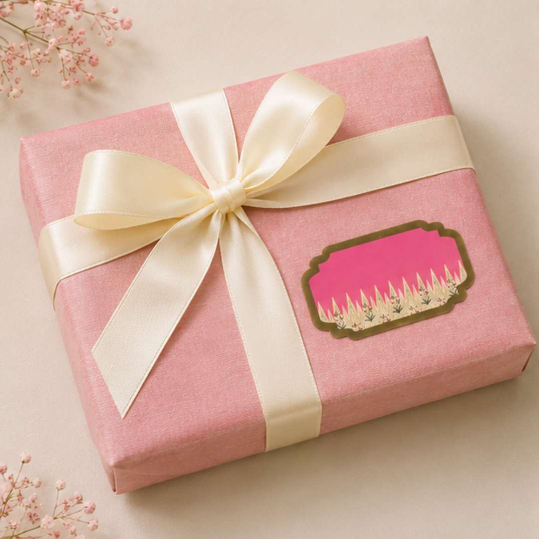 Elegant pink peel and stick gift tag with floral border detailing and scalloped gold edges for luxury gifting.